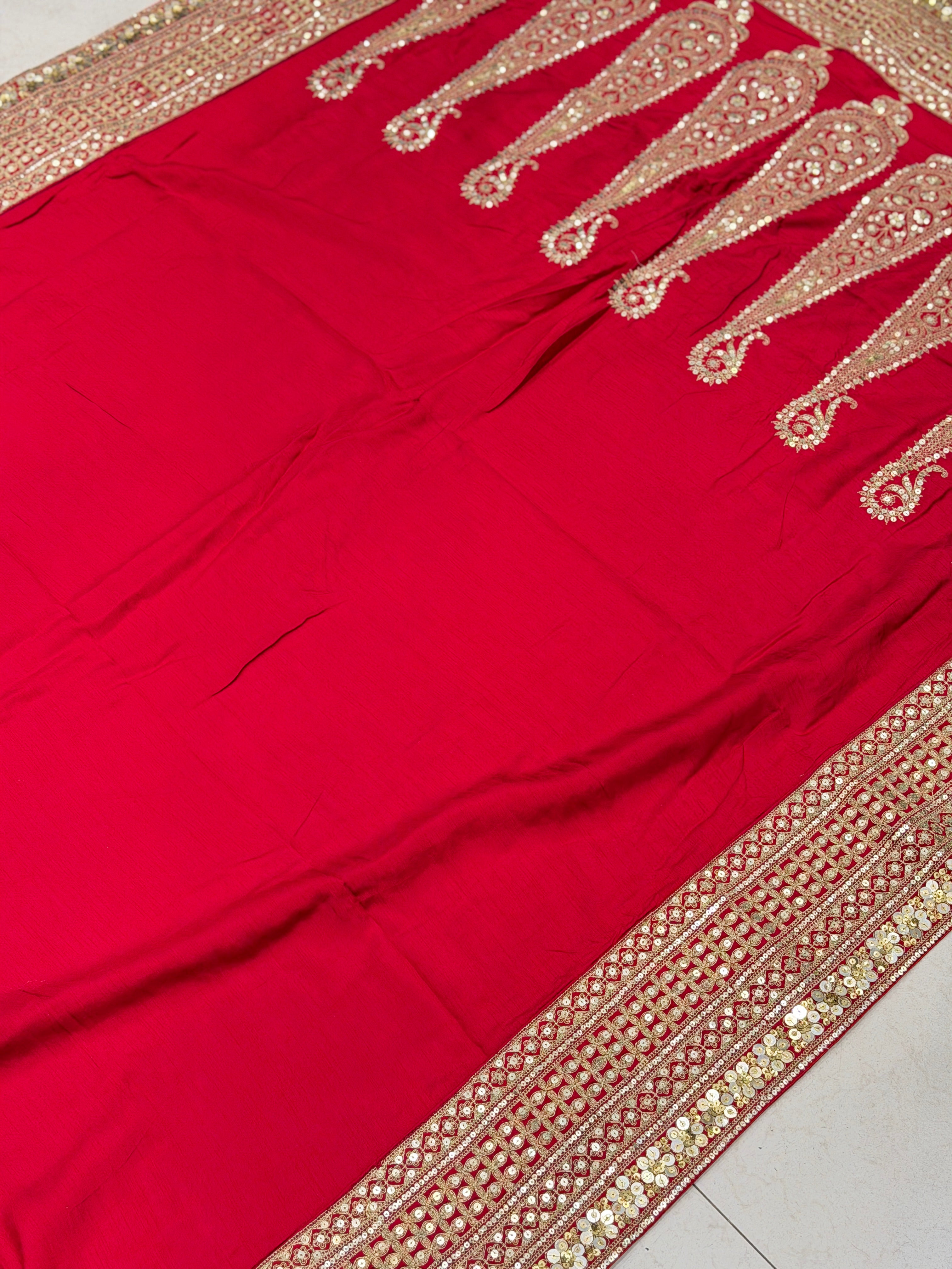 Red Sabyasachi Inspired Marodi Embroidery Pure Silk Saree Keri Pallu Saree