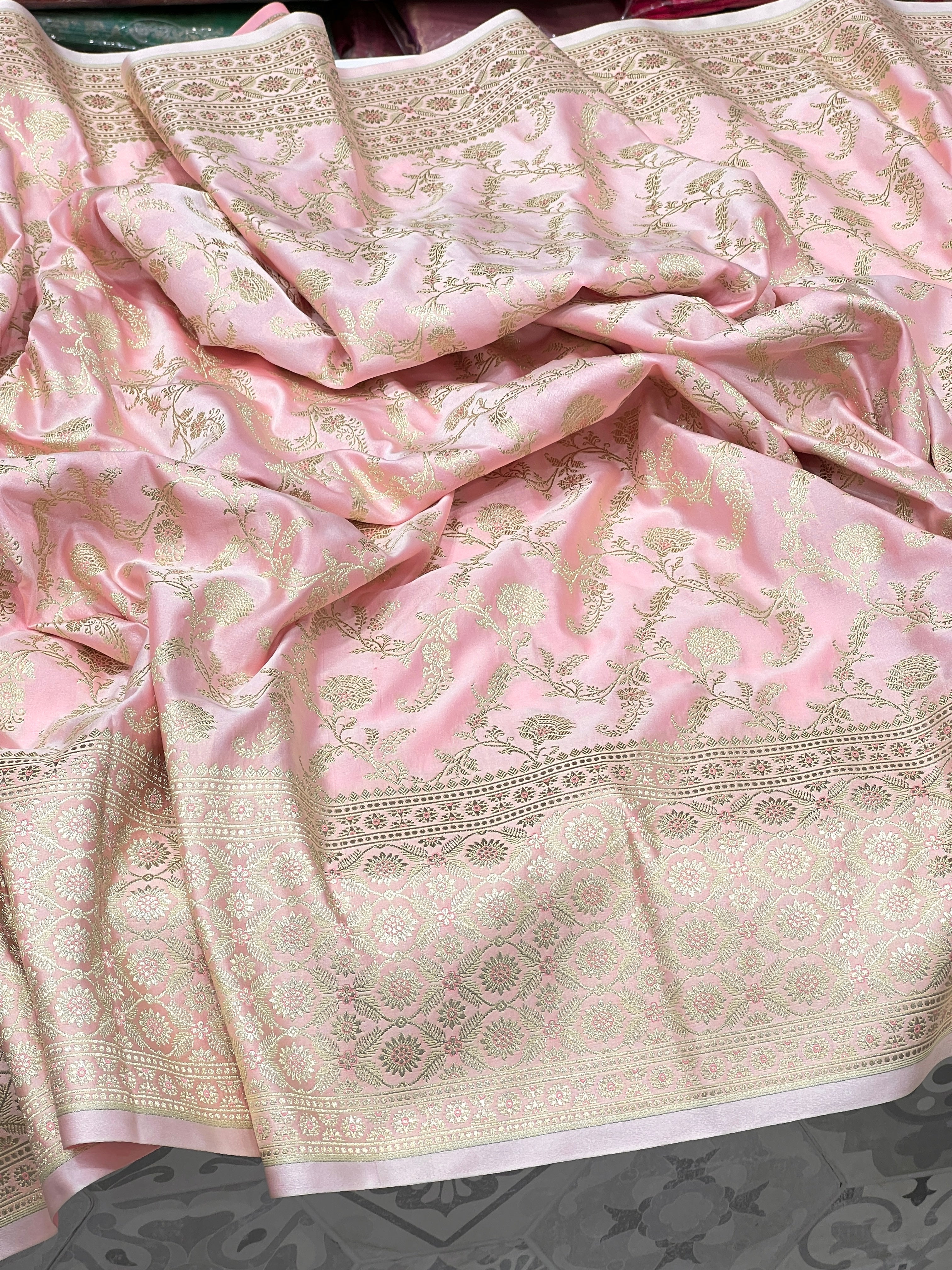 Pink Banarasi Silk Jaal Leaf Pallu Saree