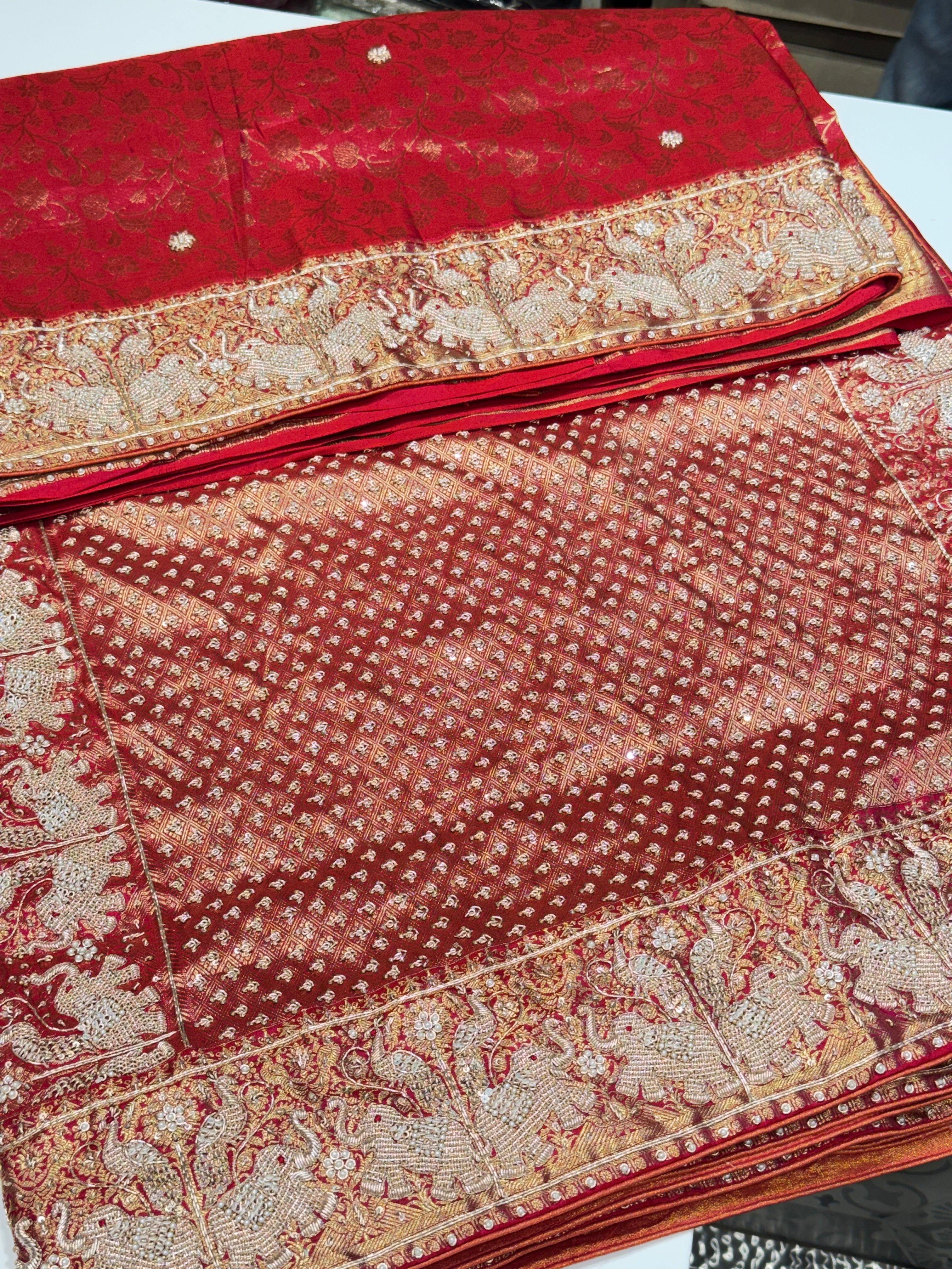 Crimson Red Pure Silk Kanjivaram Elephant Motif Hand Embroidery Saree