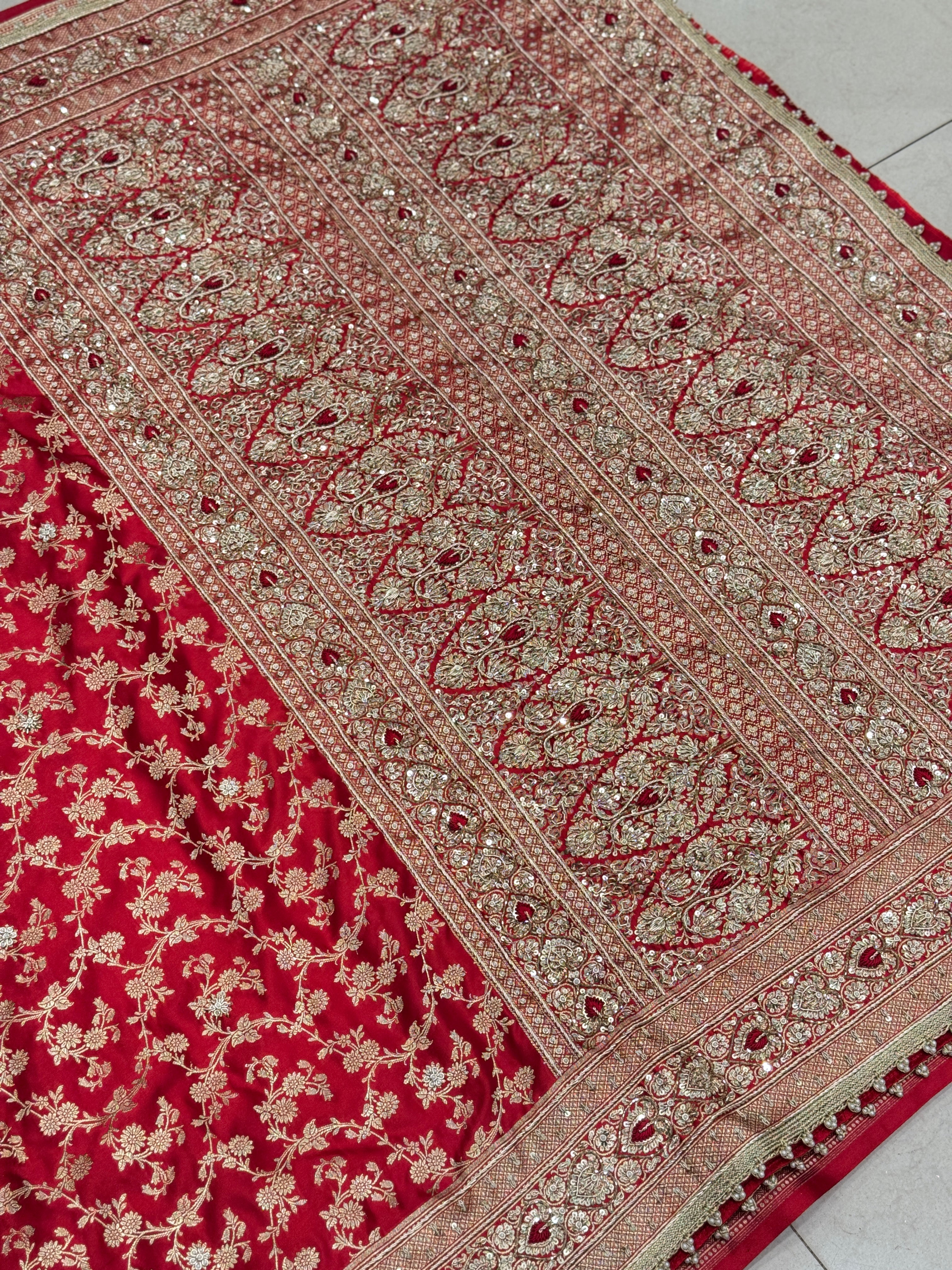 Red Banarasi Silk Resham Zardosi Heart Border Embroidery Saree