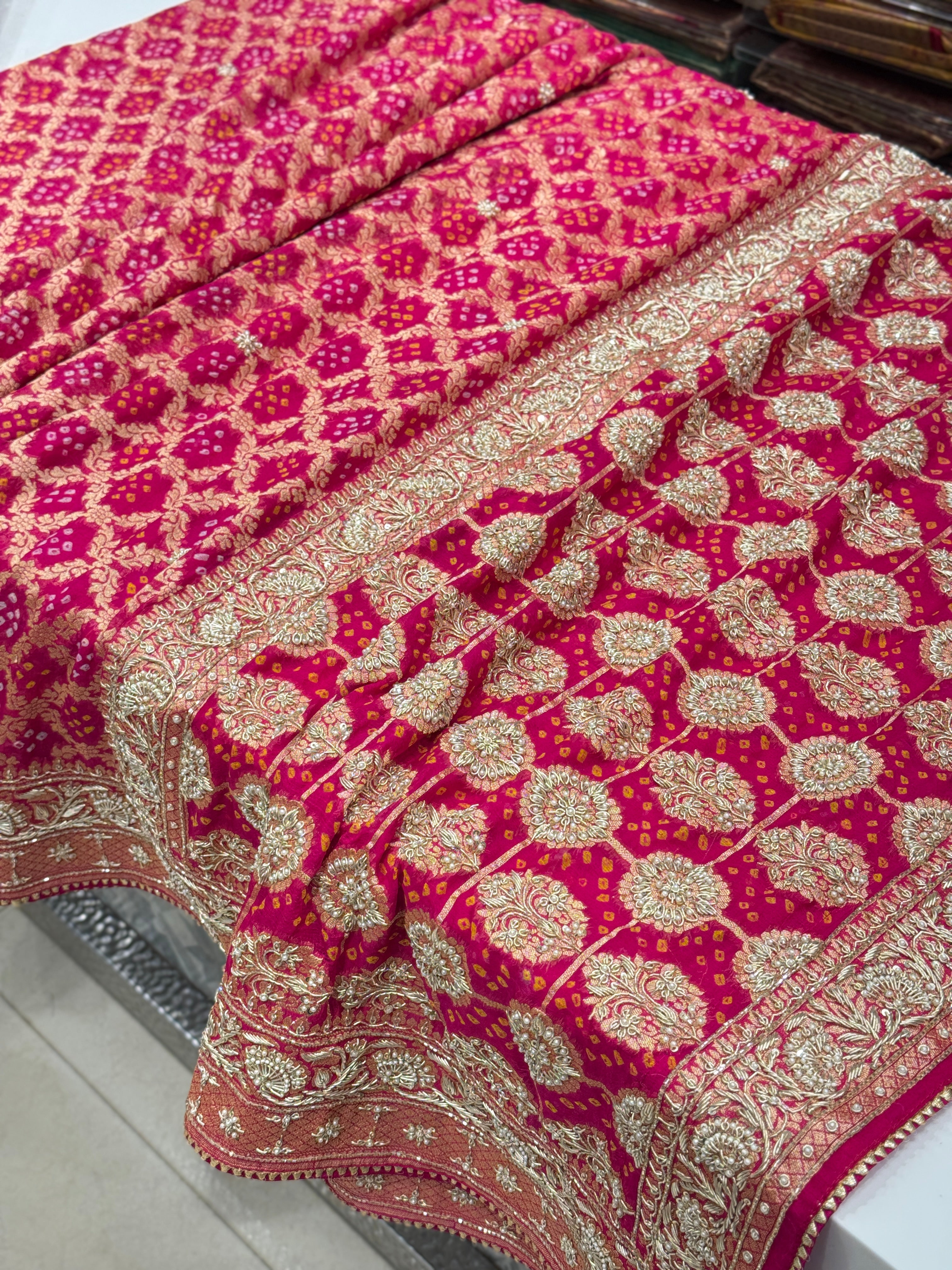 Rani Bandhej Zardosi Hand Embroidery Saree