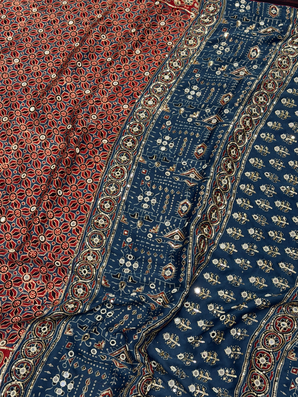 Red Blue Jaal Ajrakh Real Mirror Moti Sequin Hand Embroidery Saree