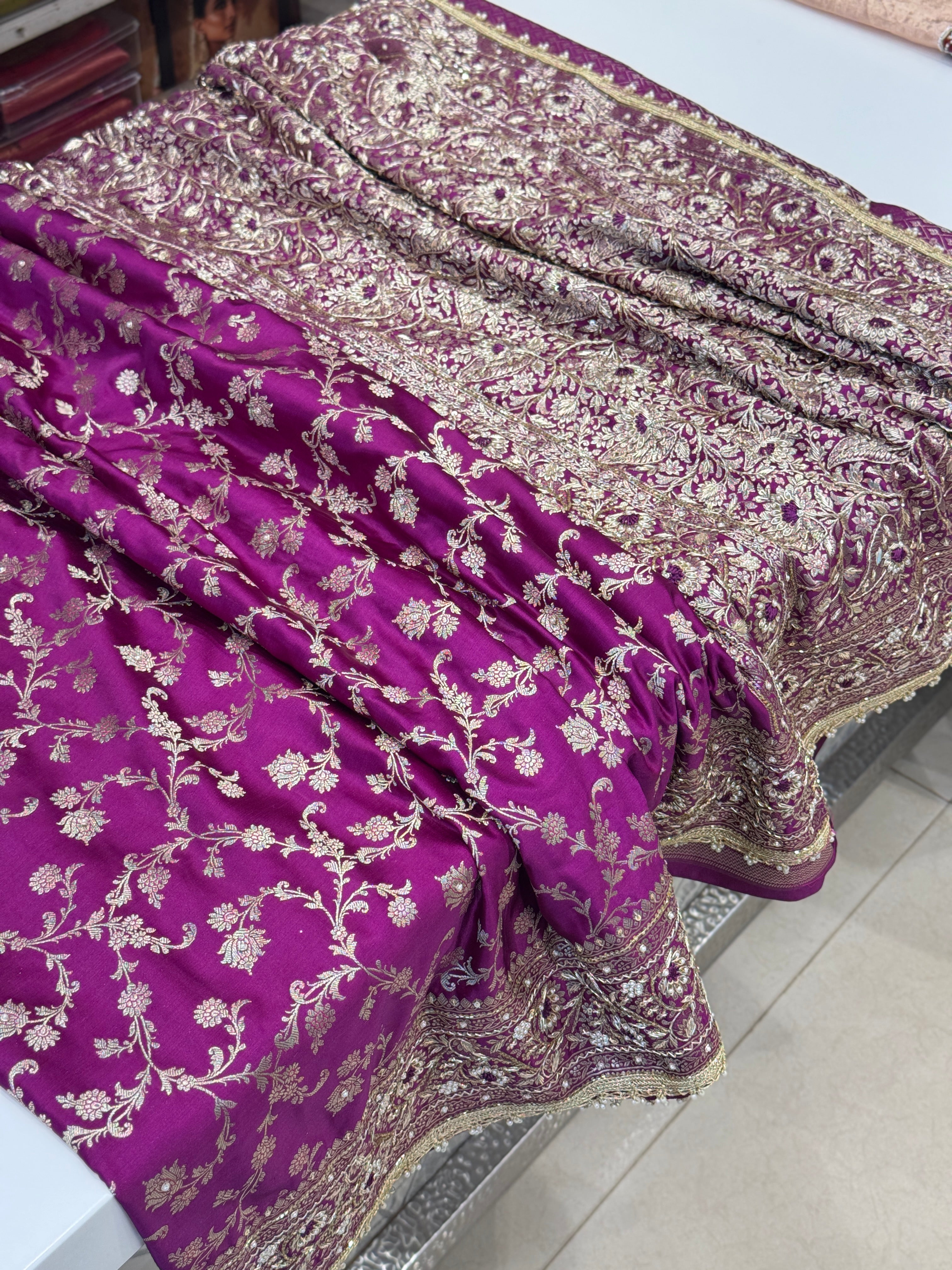 Wine Banarasi Upside Down Hand Embroidery Zardosi Resham Saree