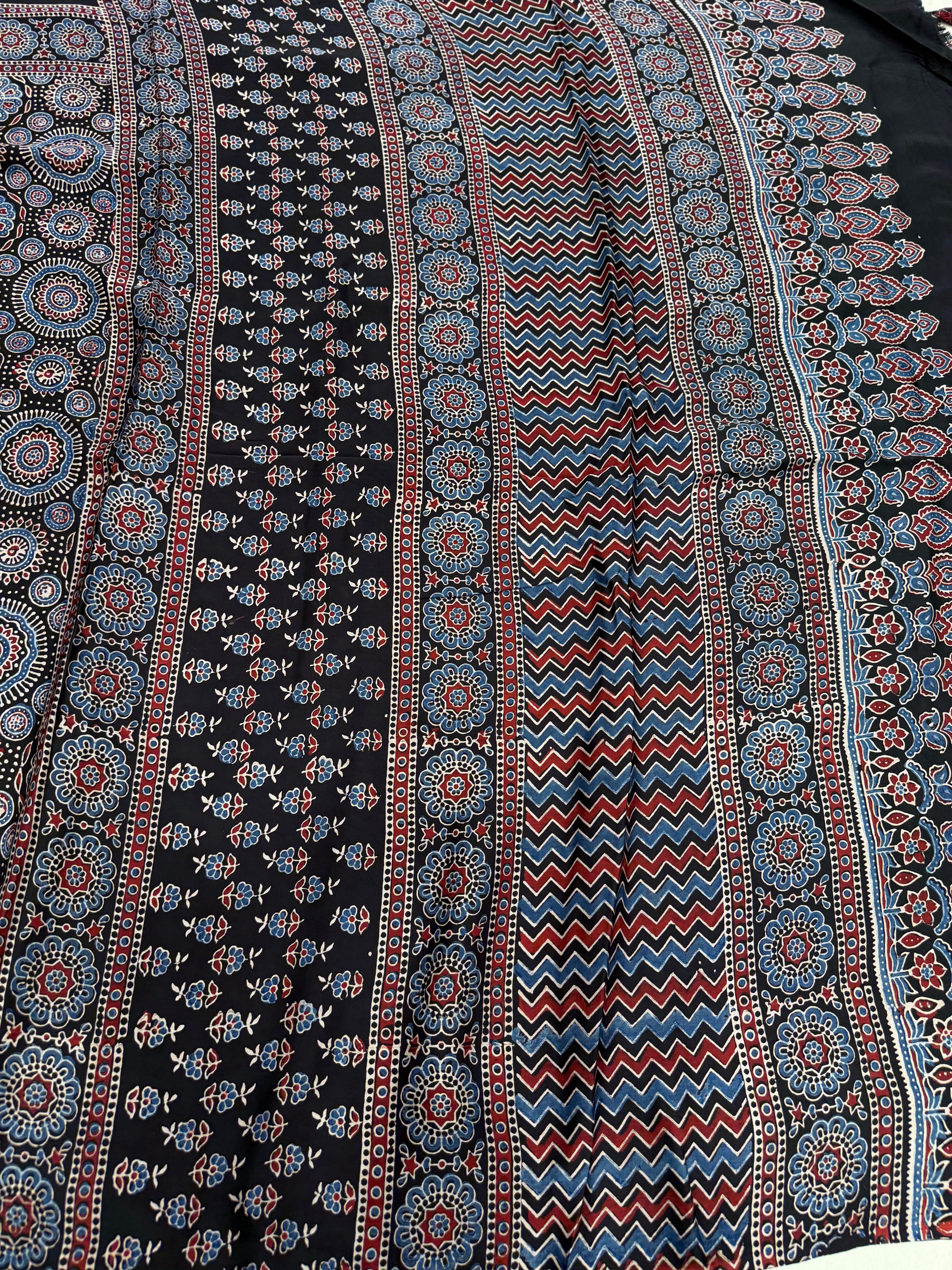 Black Gol Jaal Ajrakh Hand Block Print Pure Gajji Silk Saree