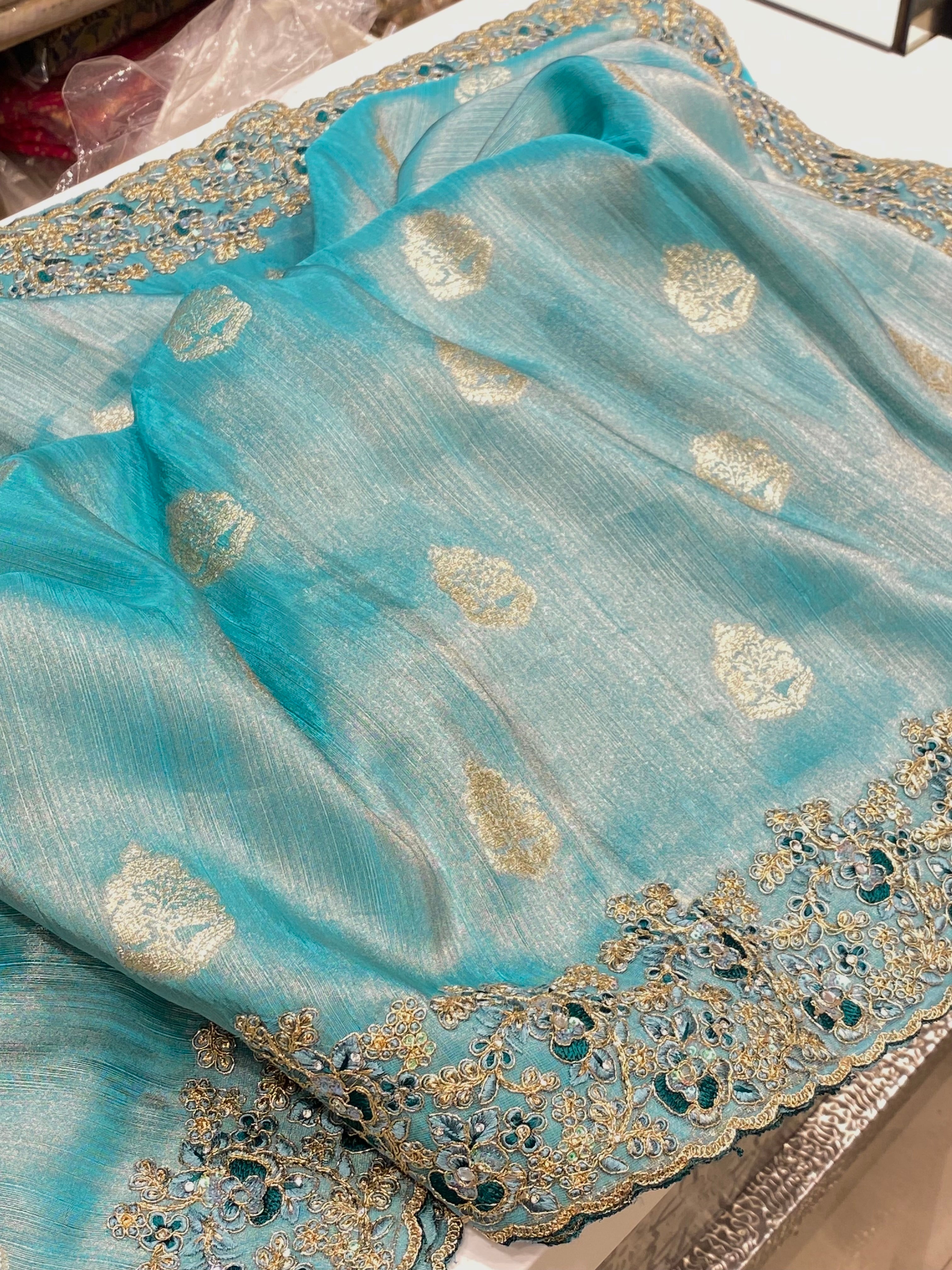 Blue Tissue Butta Border Embroidered Saree