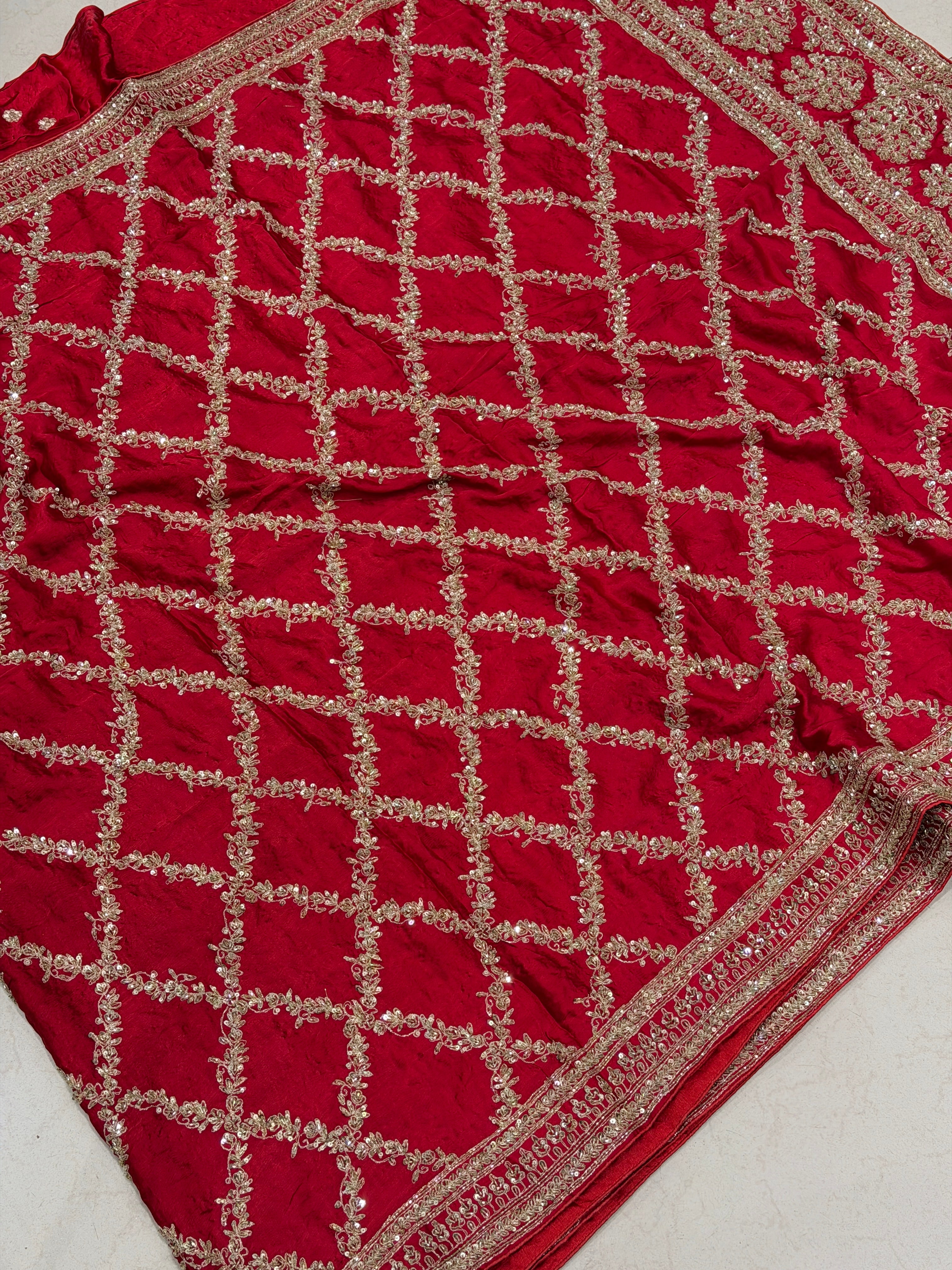 Red Crepe Satin Sabyasachi Inspired Zardosi Jaal Embroidery Saree