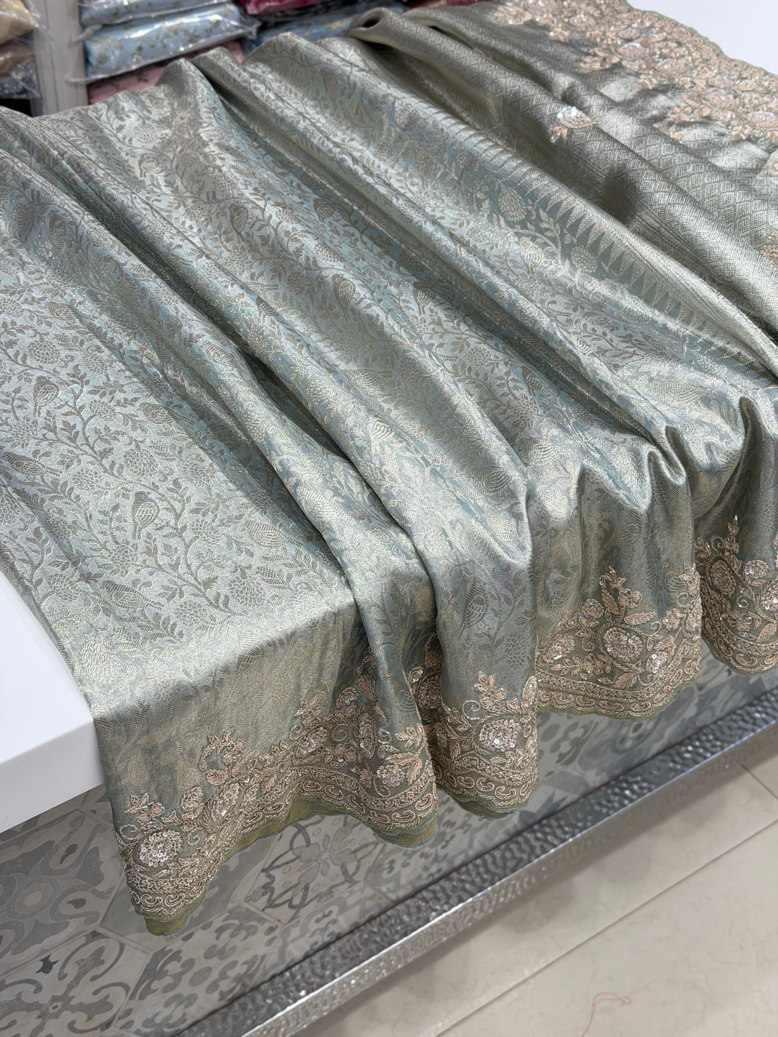 Blue Shikara Weave Kanjivaram Hand Embroidery Zardosi Saree