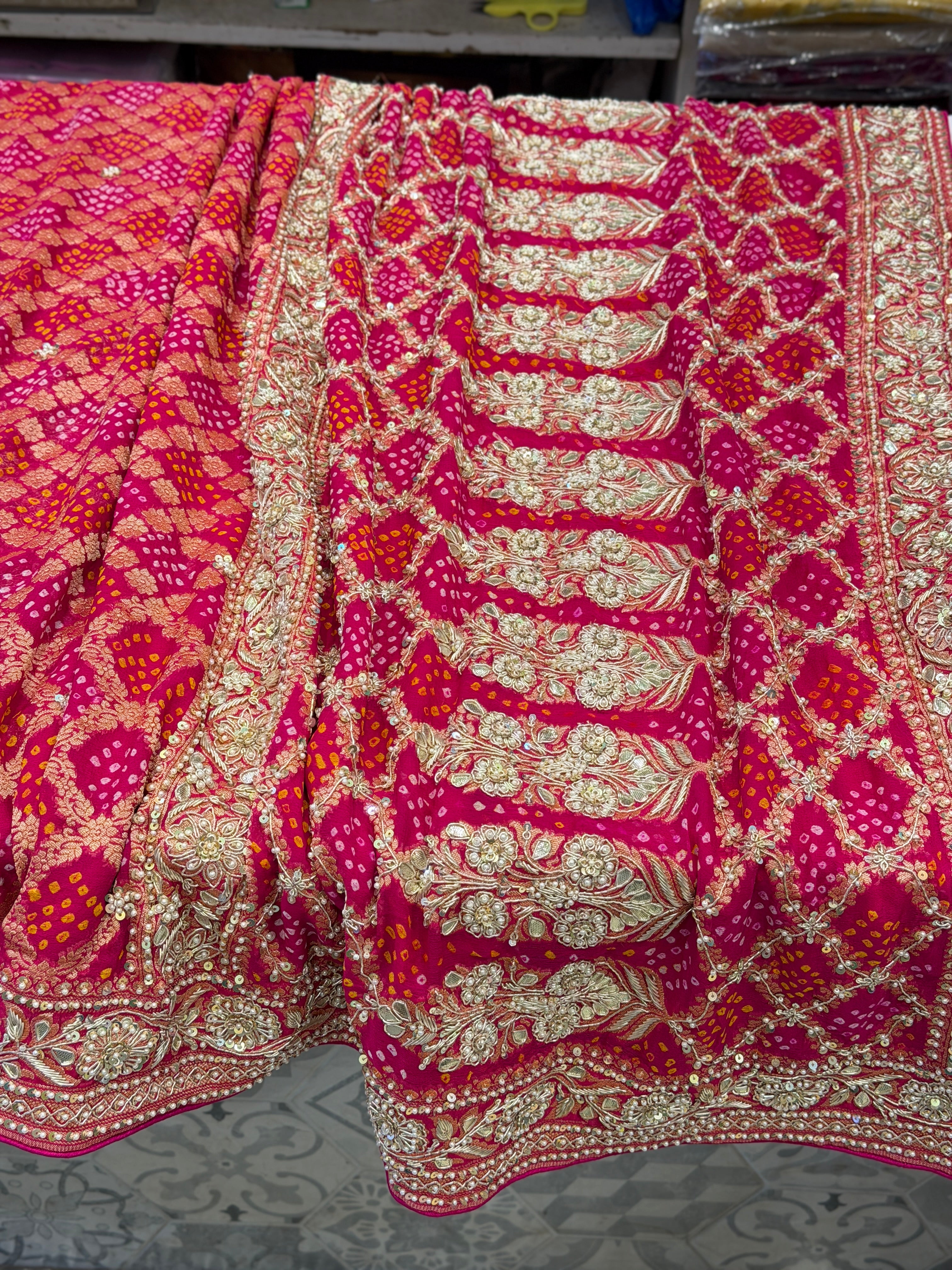 Rani Pink Rai Bandhej Zardosi Hand Embroidery Saree