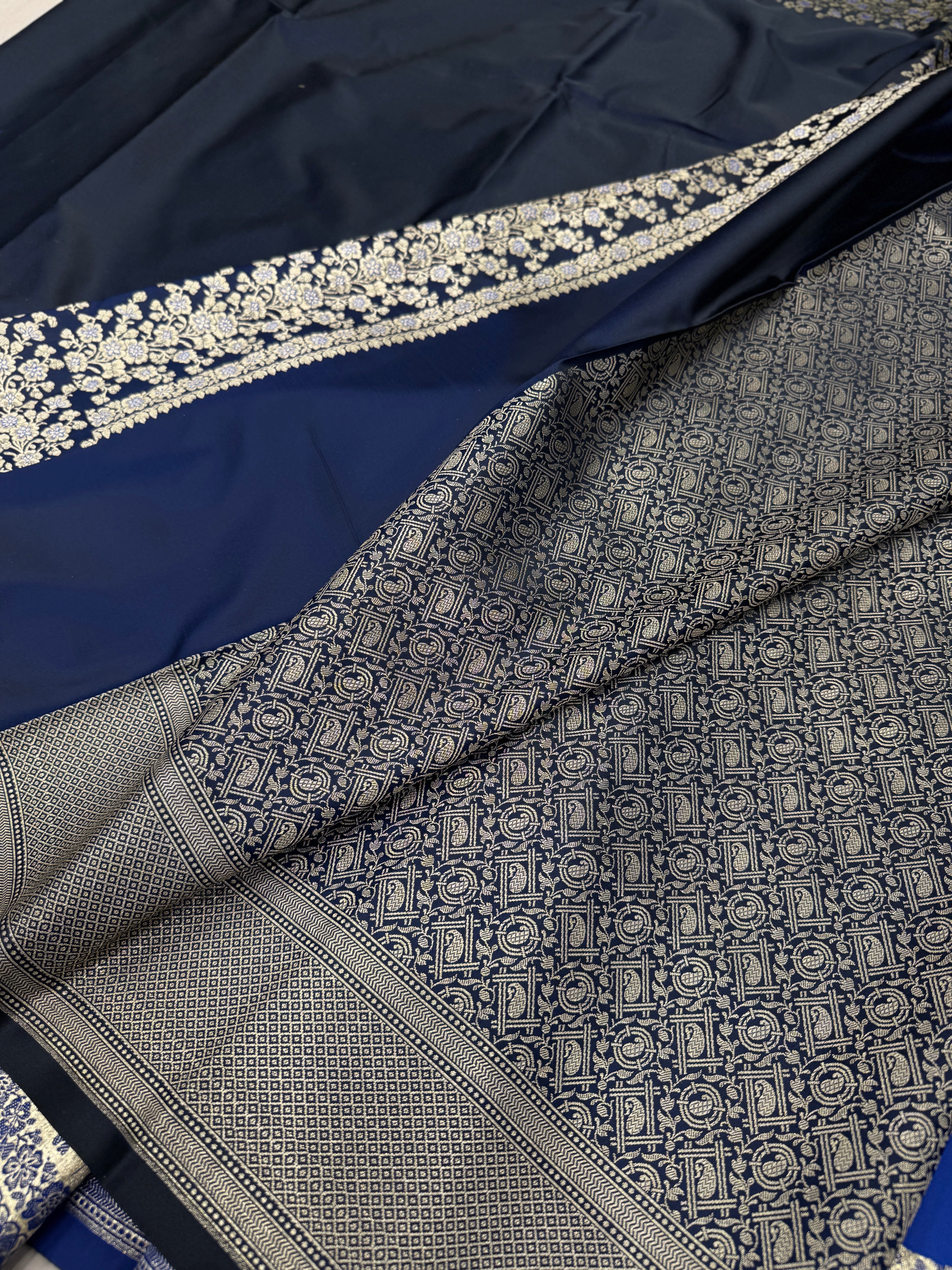 Blue Dhup Chav Banarasi Silk Plain Floral Border Saree