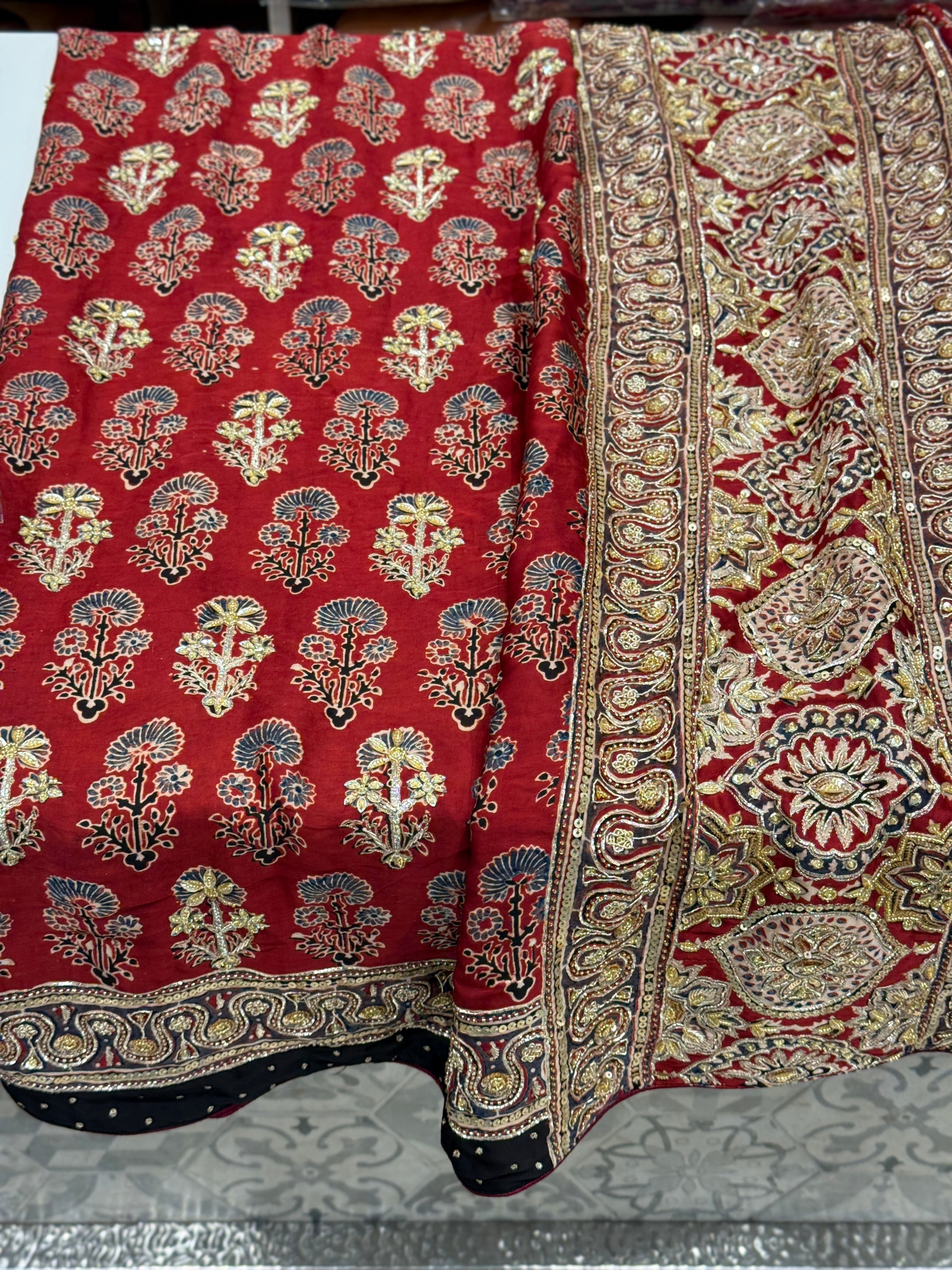 Red Buttis Pita Zardosi Sequin Ajrakh Hand Embroidery Saree