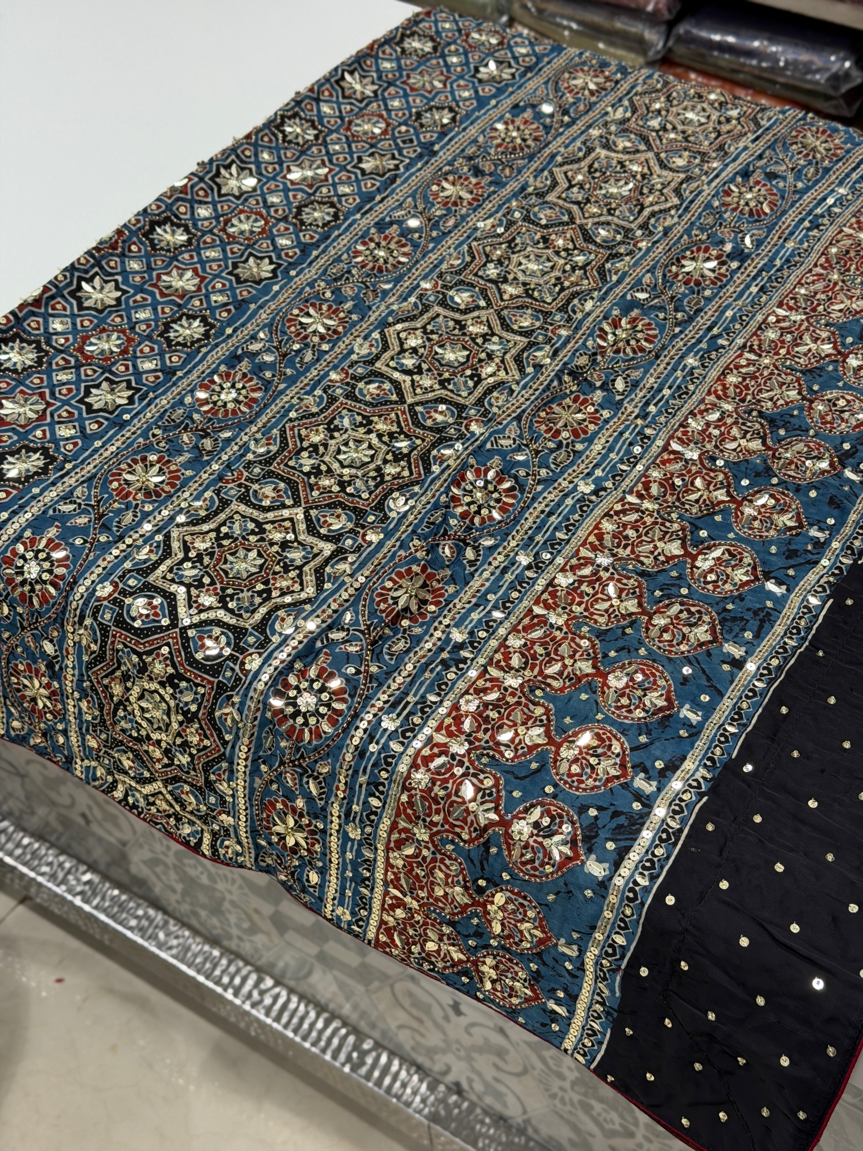 Red Blue Badam Jaal Ajrakh Sequin Moti Hand Embroidery Saree
