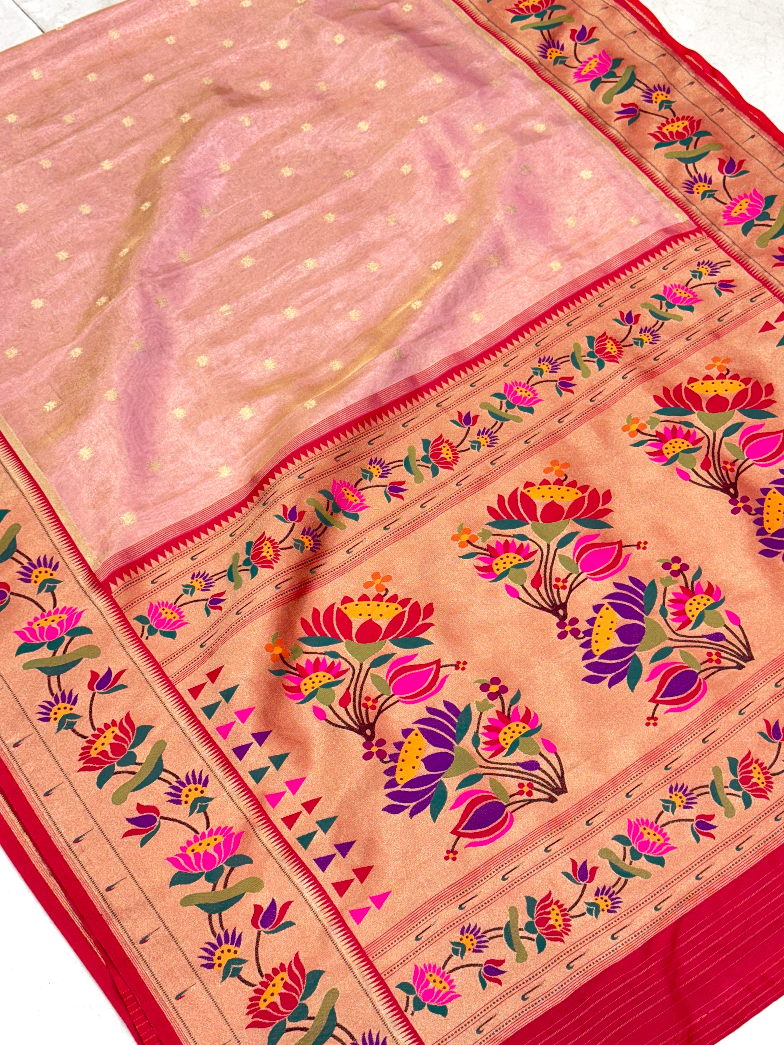 Pink Tissue Paithani Lotus Border Saree