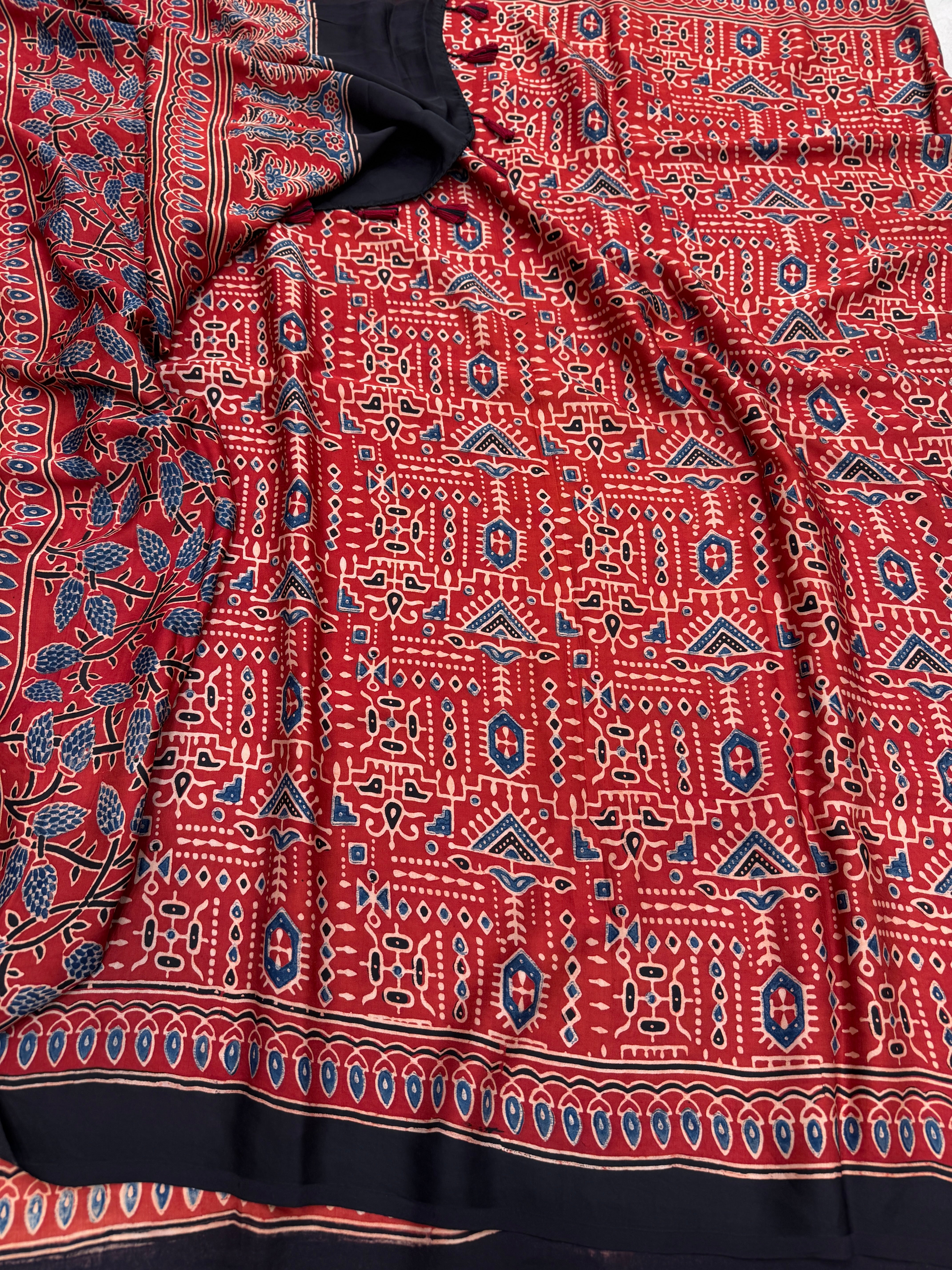 Red Contemporary Ajrakh Hand Block Print Pure Gajji Silk Saree