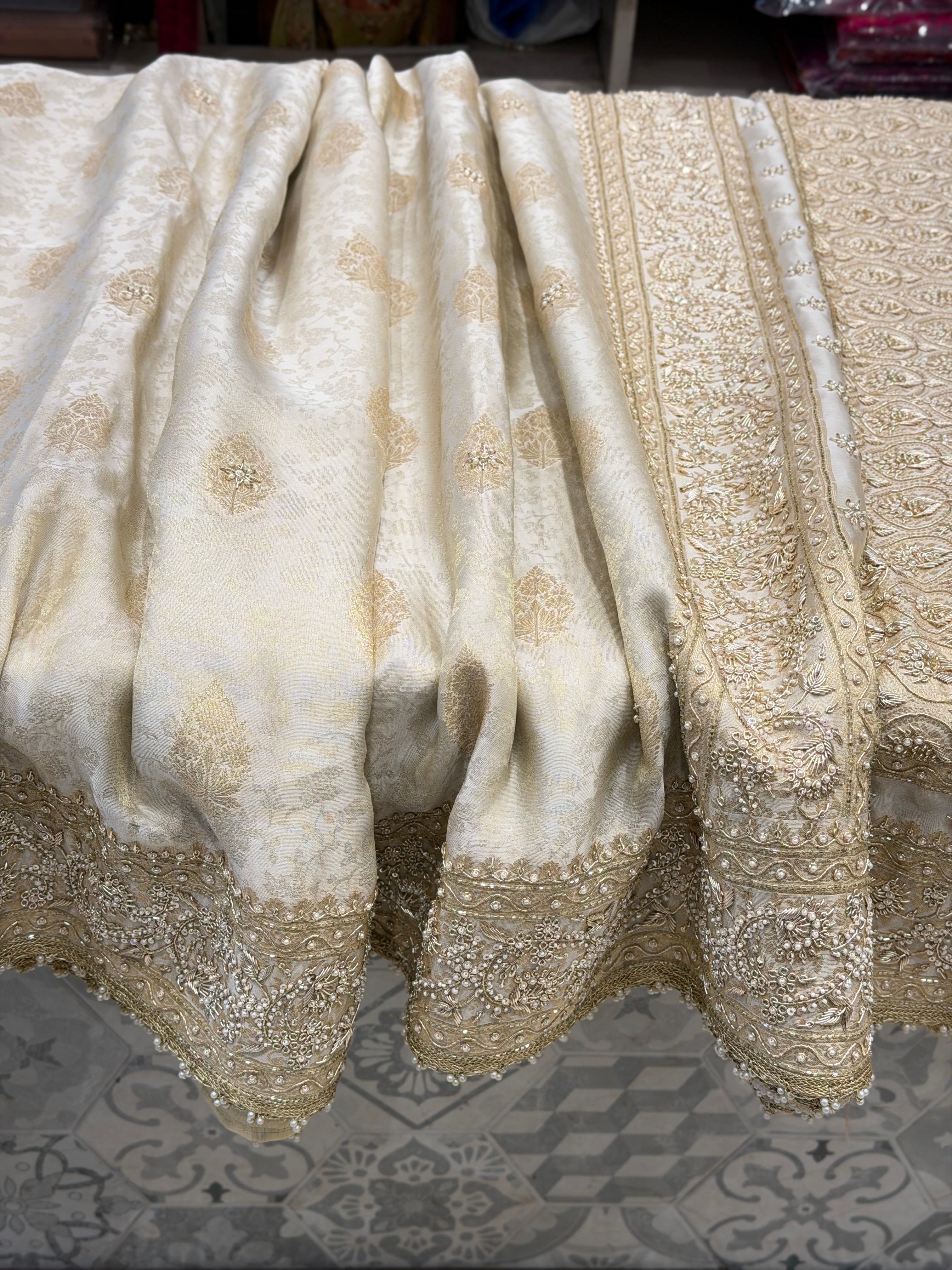 Creme Jaquard Weave Satin Zardosi Hand Embroidery Saree