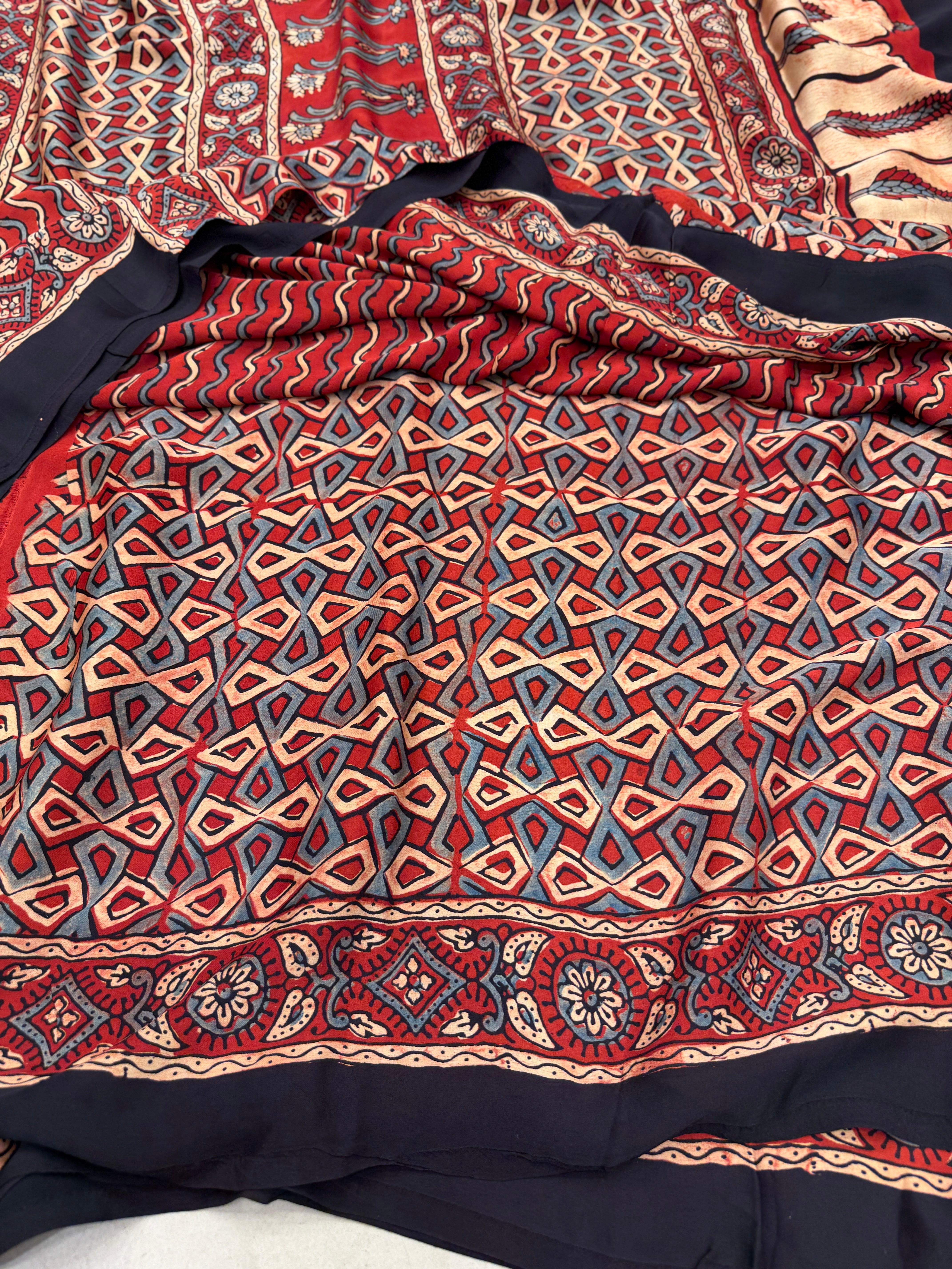 Red Squiggly Lines Ajrakh Hand Block Print Pure Modal Silk Saree