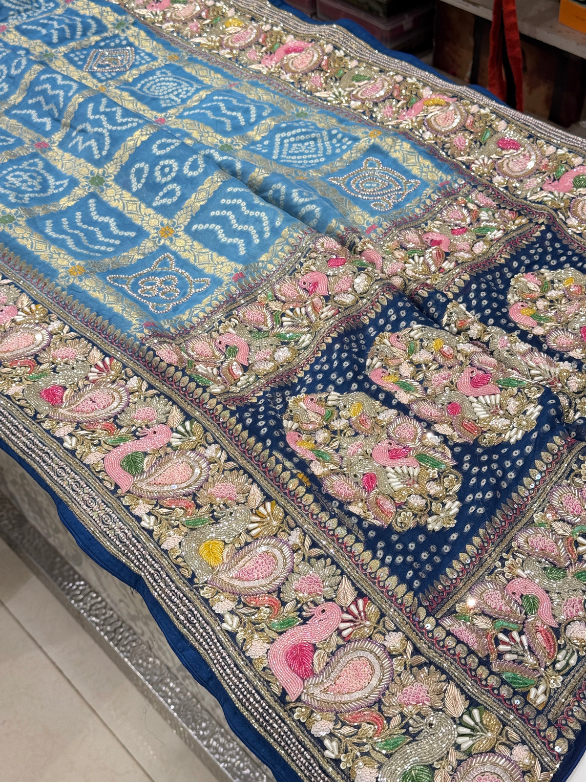 Shaded Blue Gharchola Moti Sequin Zardosi Hand Embroidery Georgette Saree