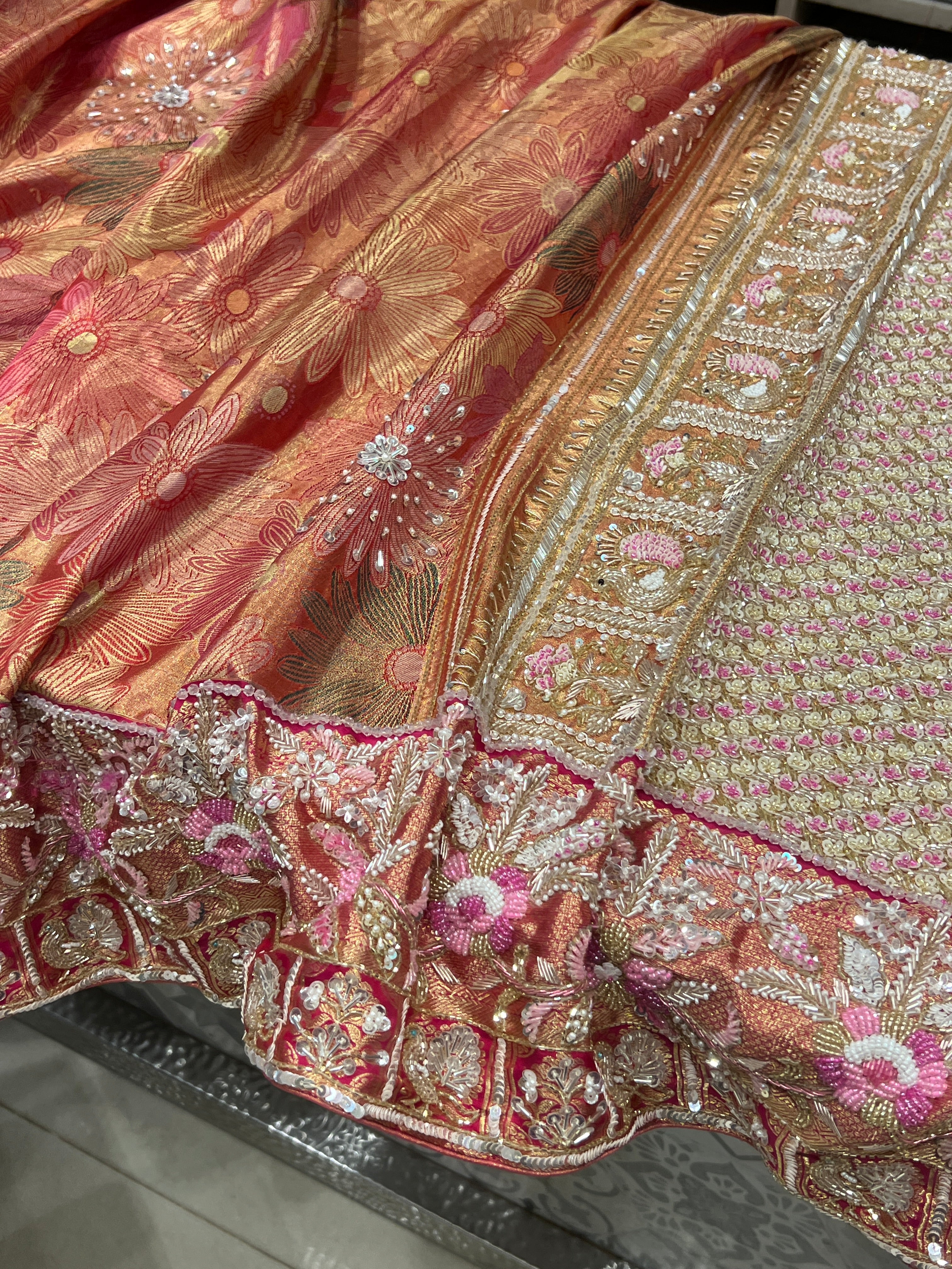 Floral Kanjivaram Moti Zardosi Hand Embroidery Saree