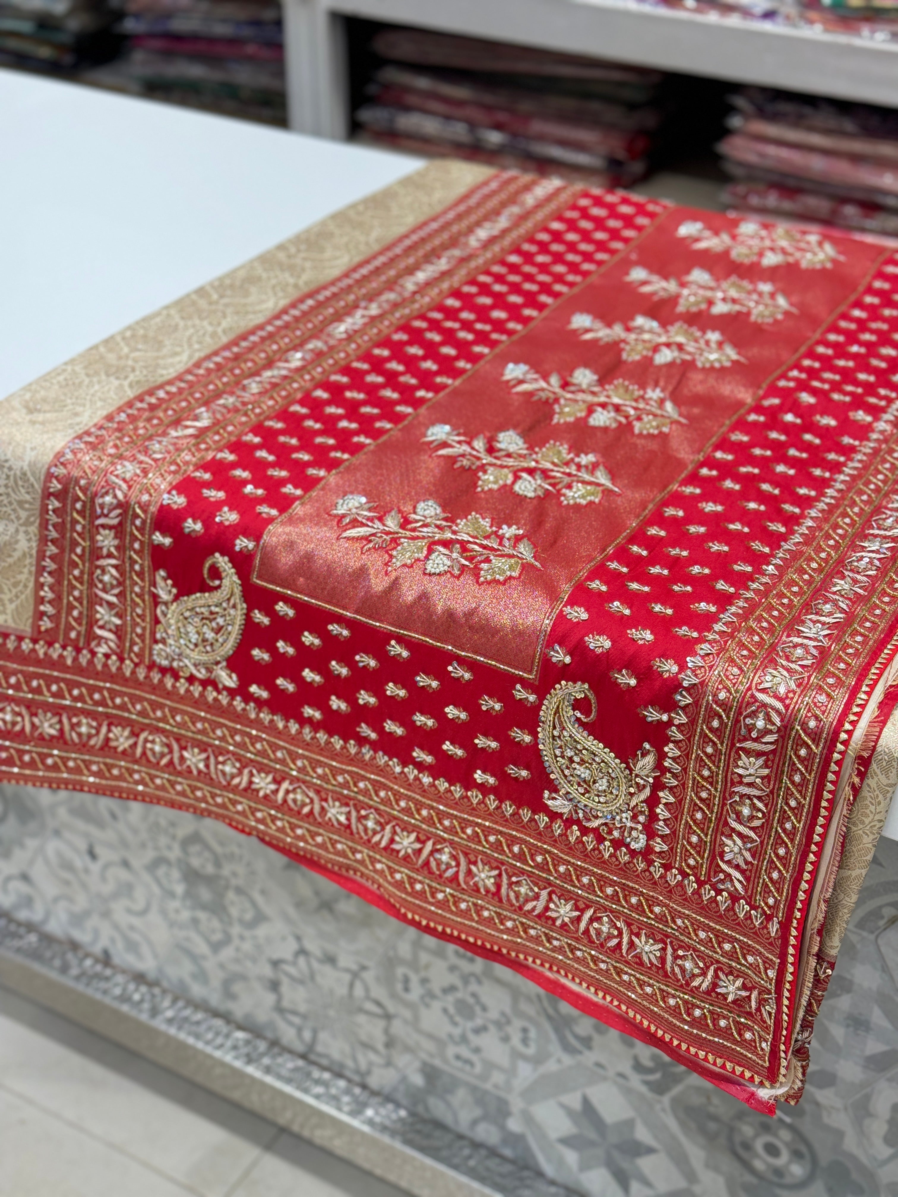 Moti White x Red Banarasi Hand Embroidery Saree