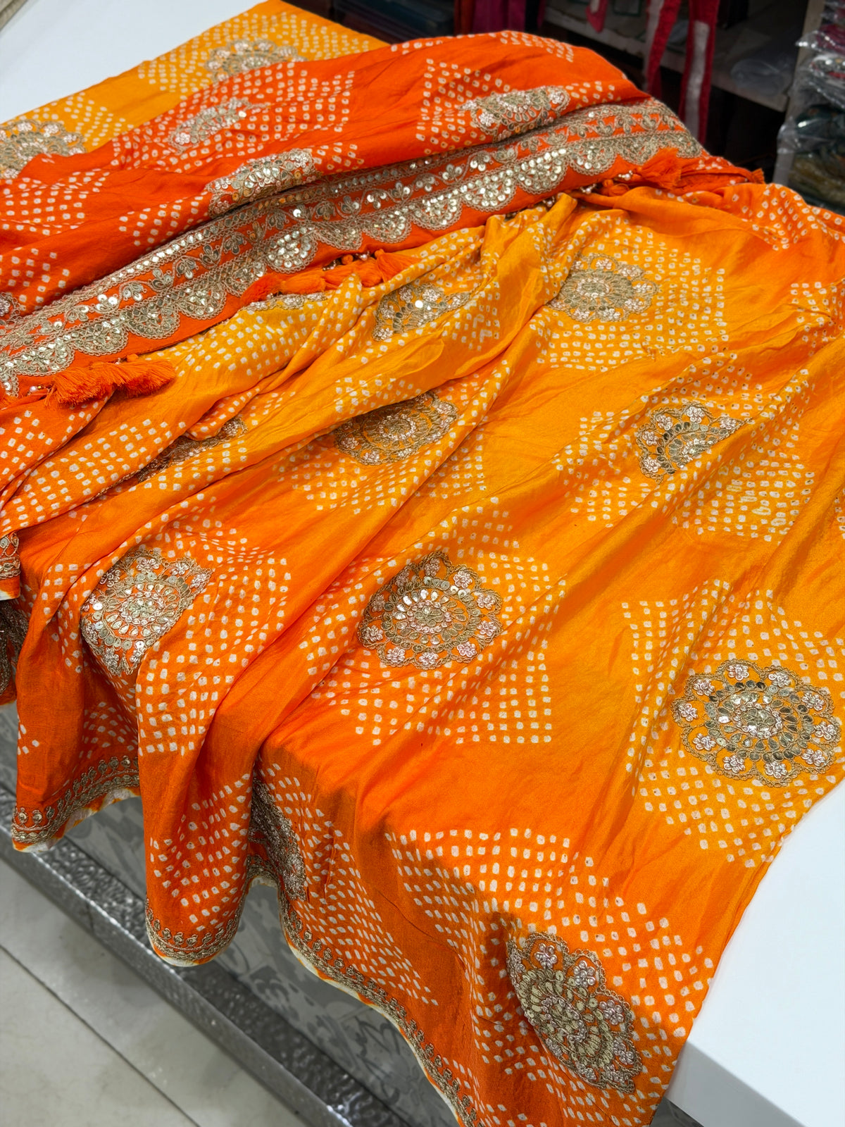 Orange Shaded Gajji Silk Rai Bandhej Gotapatti Marodi Hand Embroidery Saree