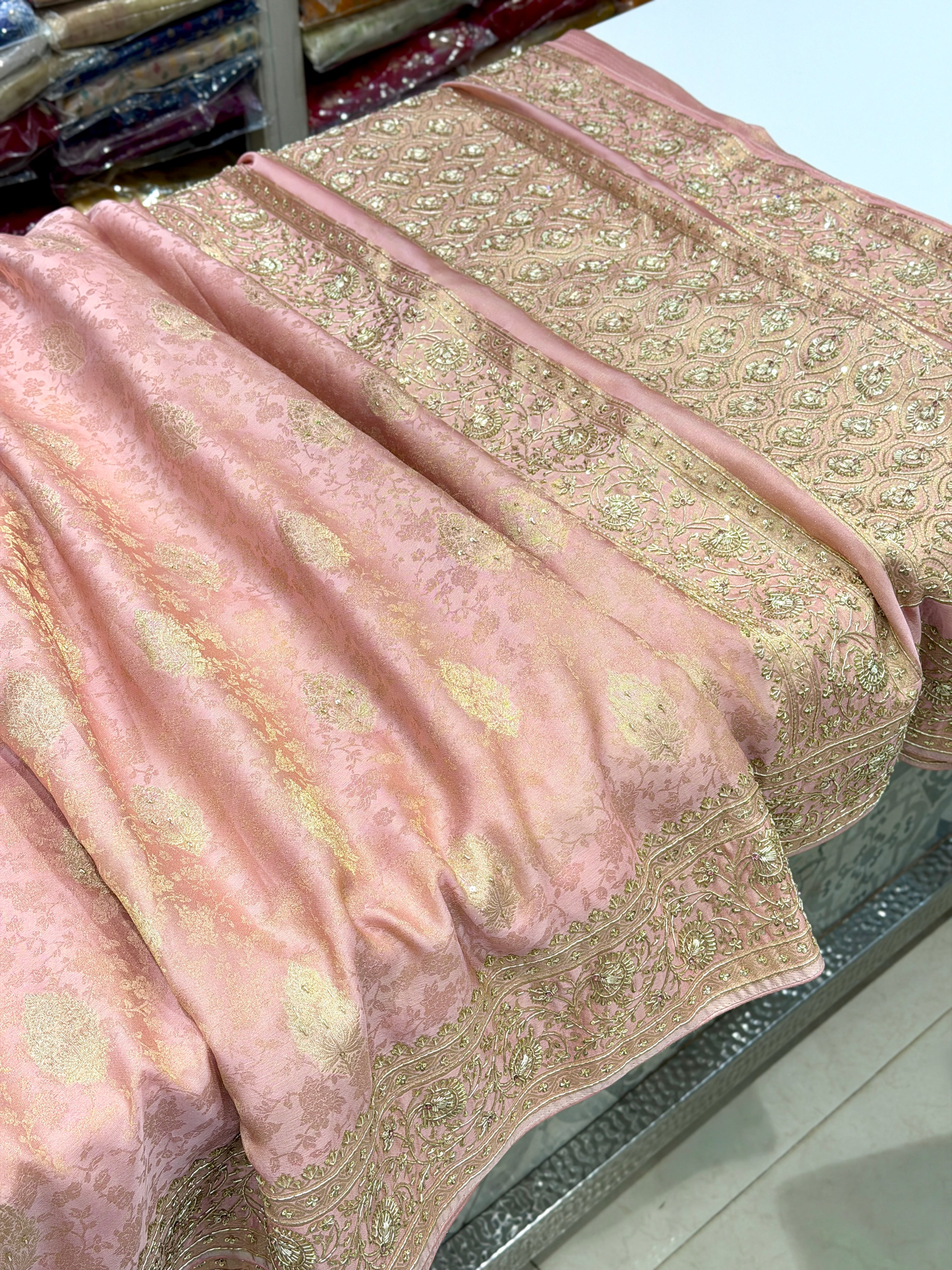 Pink Banarasi Crepe Tissue Zardodi Hand Embroidery Saree