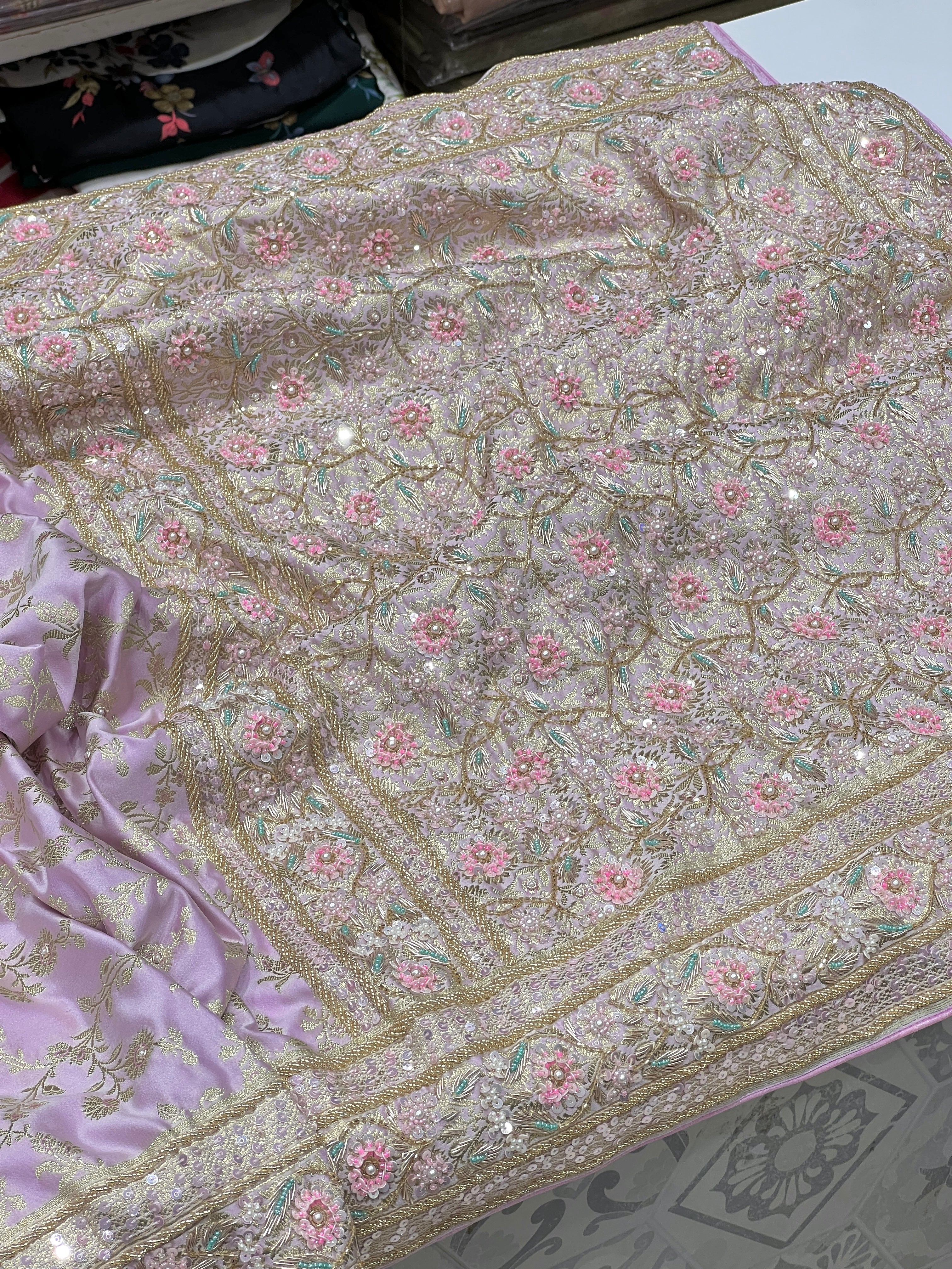 Lilac Banarasi Flower Border Fancy Hand Embroidery Saree