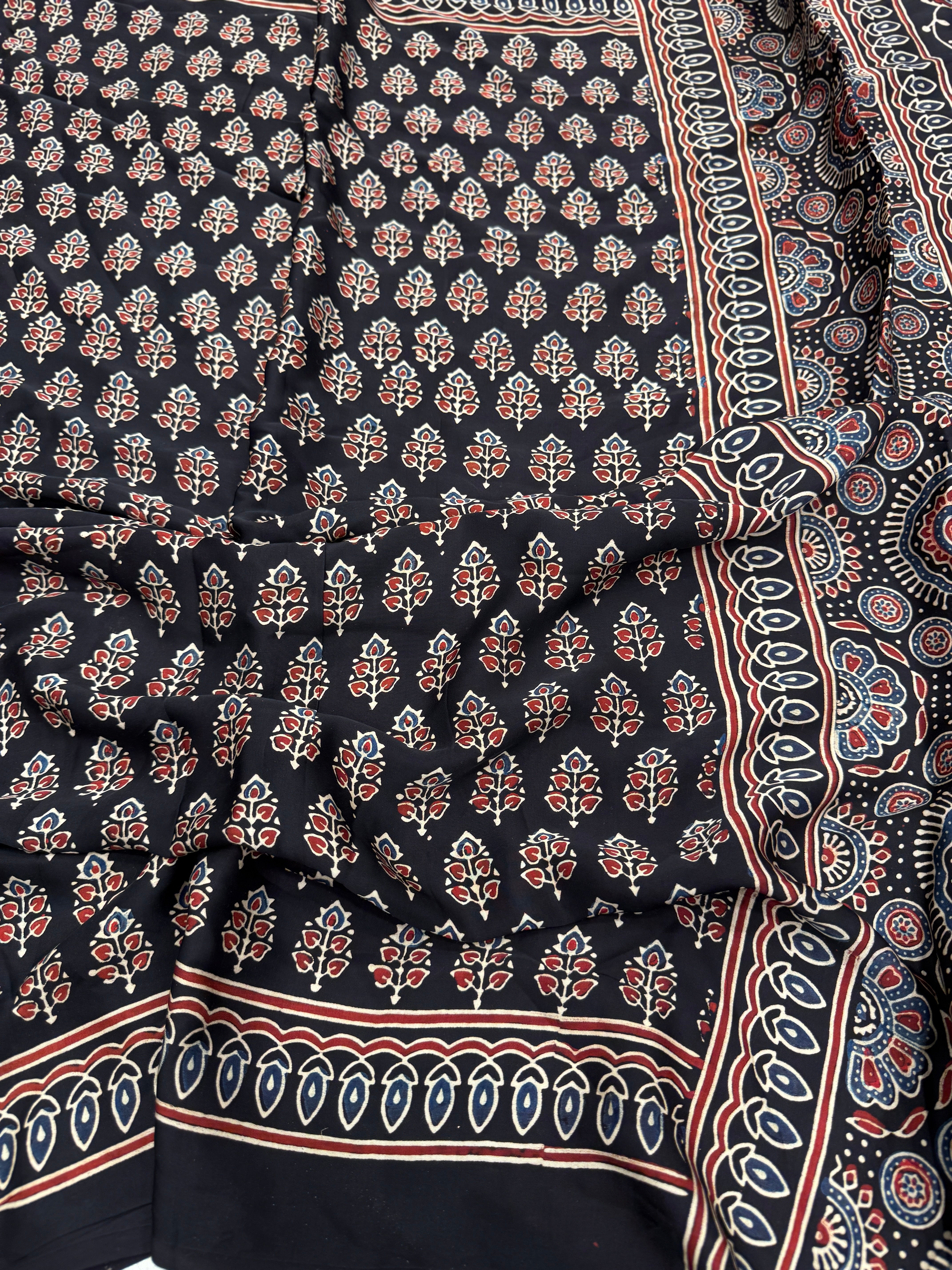 Black Blue Buttis Ajrakh Block Print Hand Pure Gajji Silk Saree