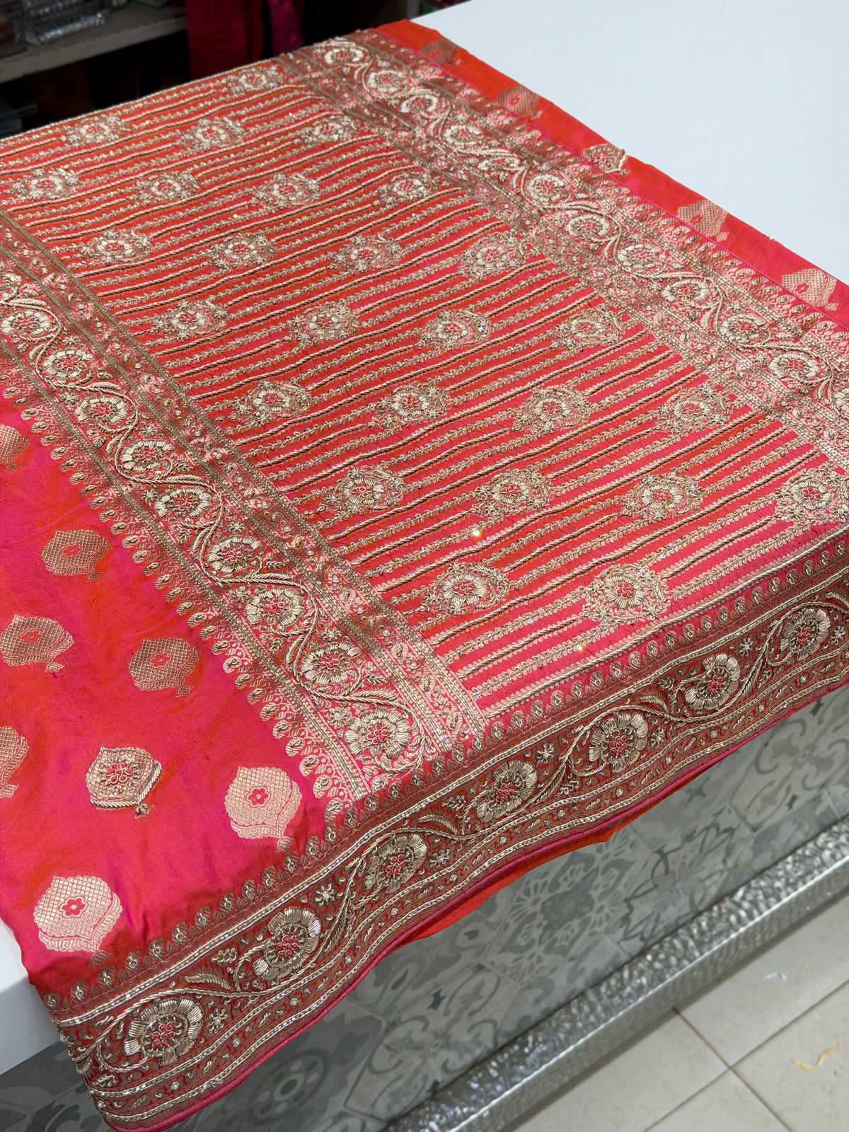 Cross Rani Handloom Banarasi Katan Silk Zardosi Hand Embroidery Saree