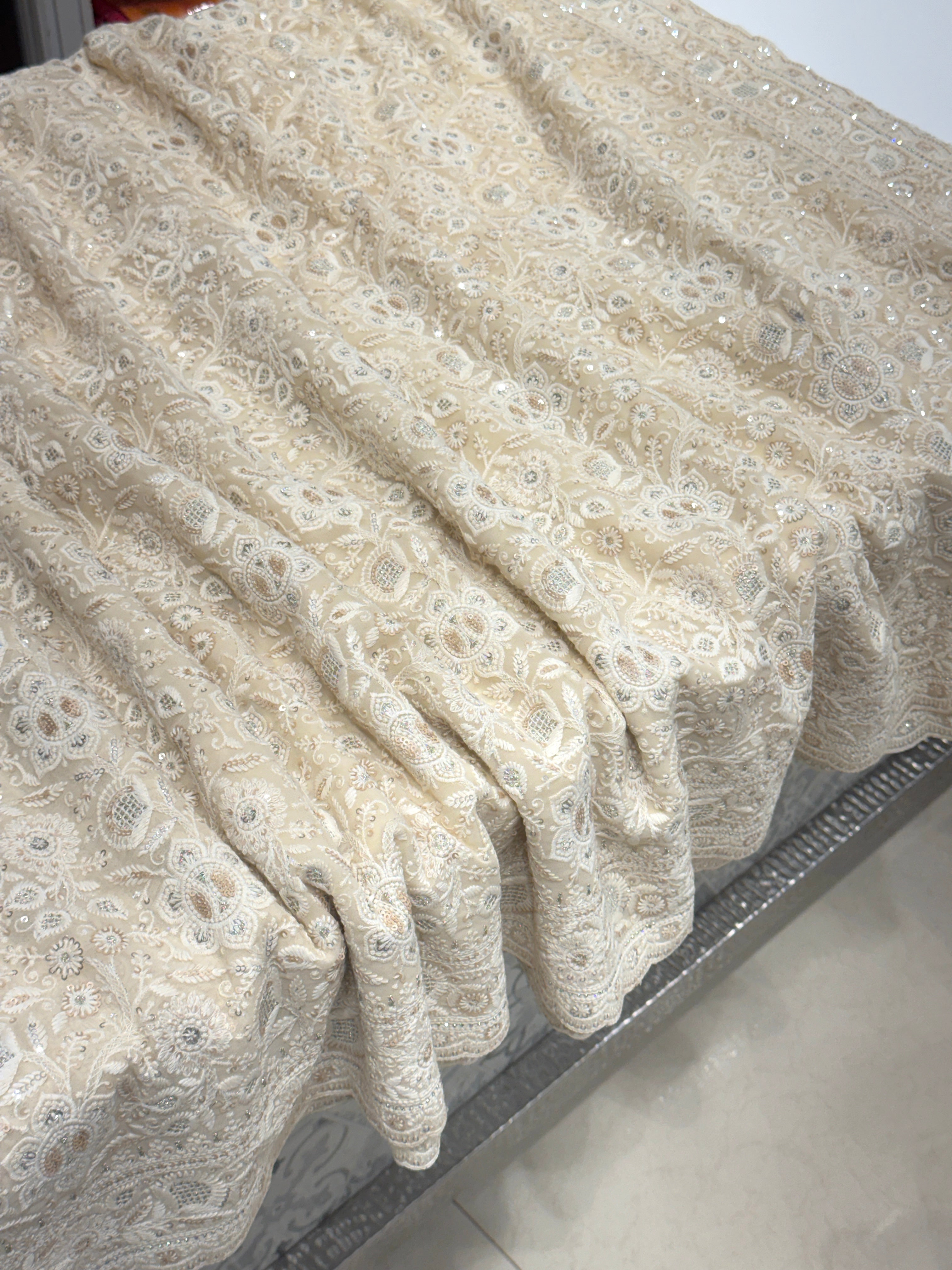 Cream Pink Chikankari Small Scallop Design Saree