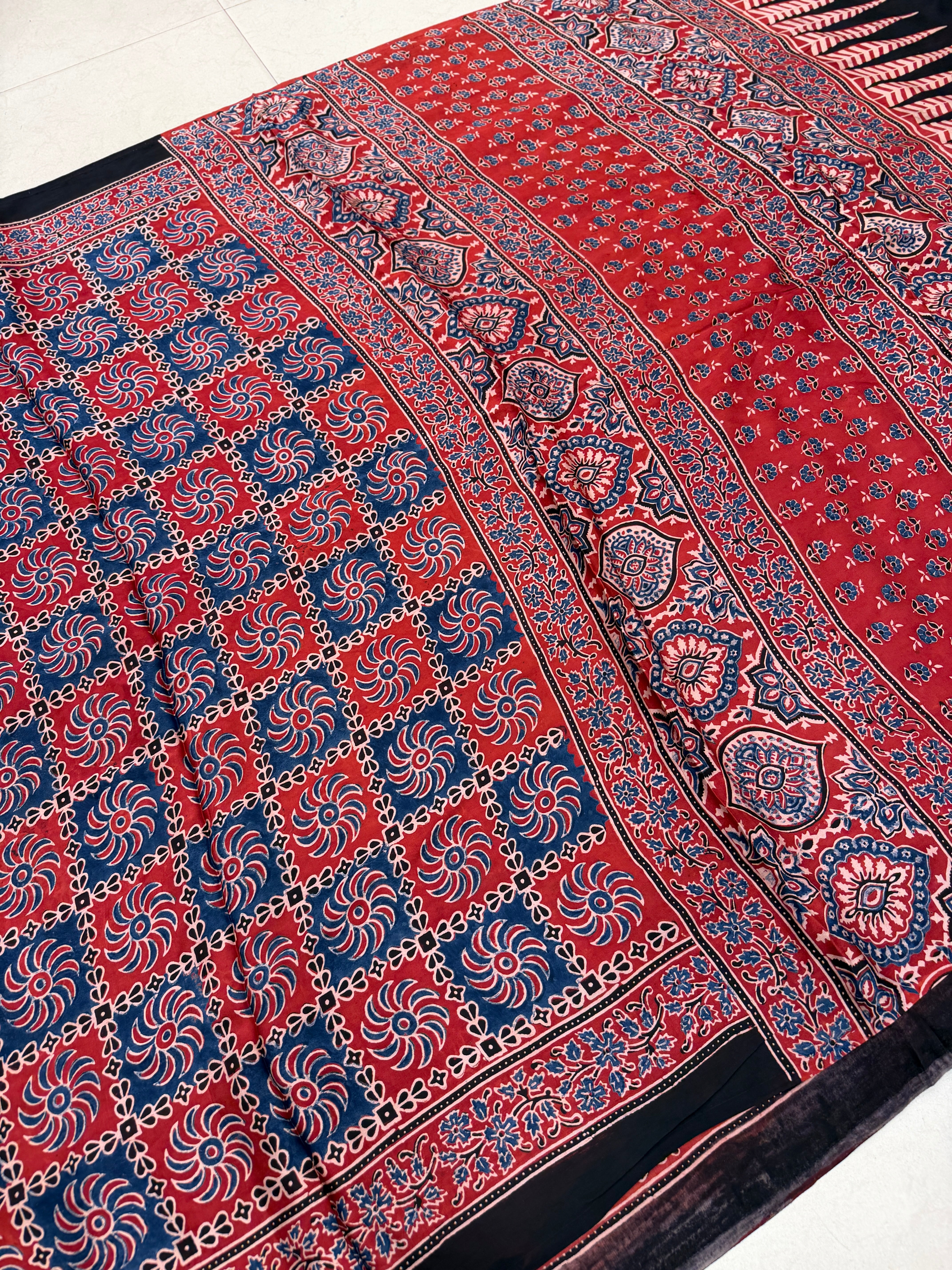 Red Checkered Ajrakh Hand Block Print Pure Gajji Silk Saree
