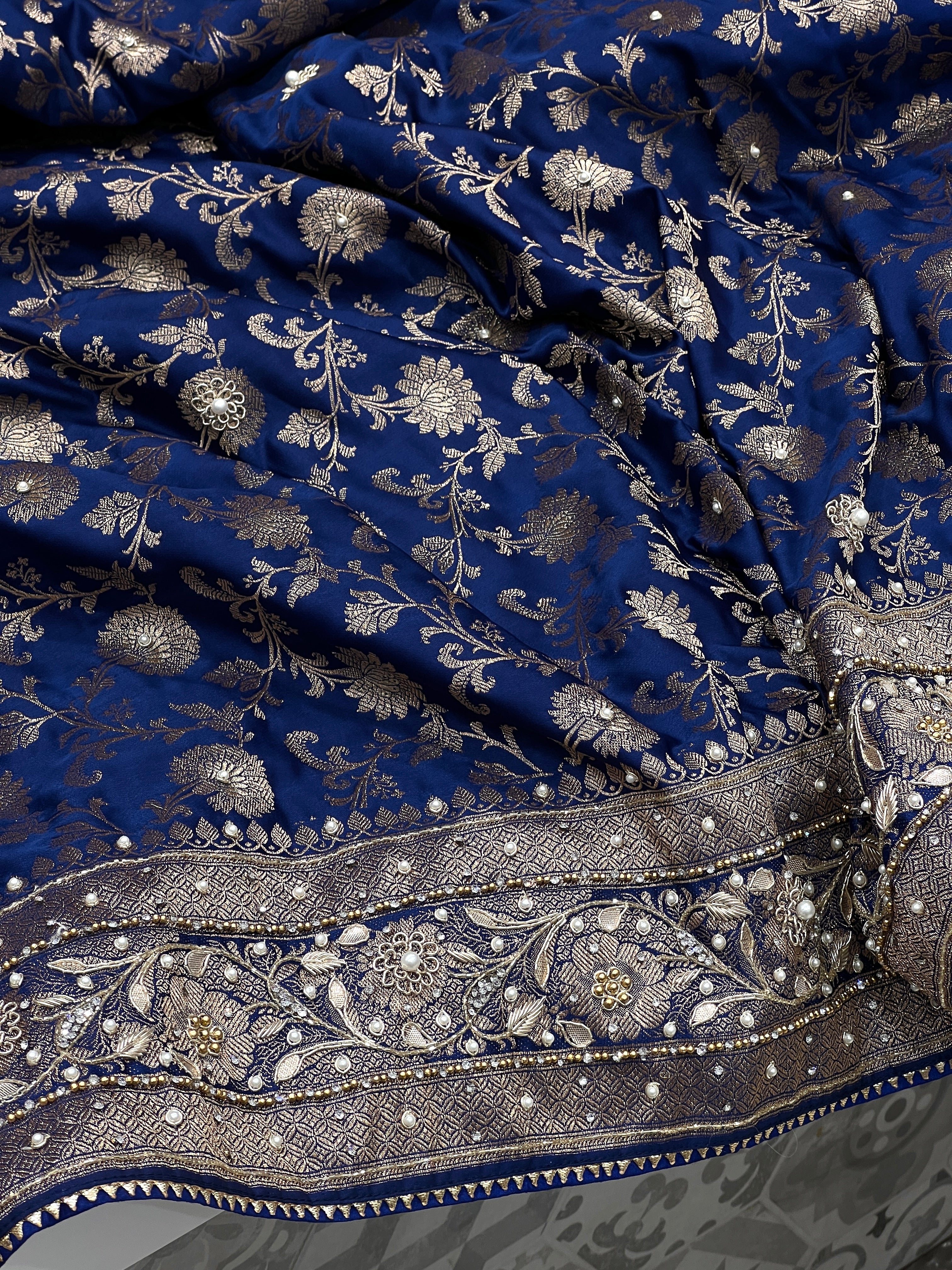 Blue Small Jaal Banarasi Silk Hand Embroidery Saree
