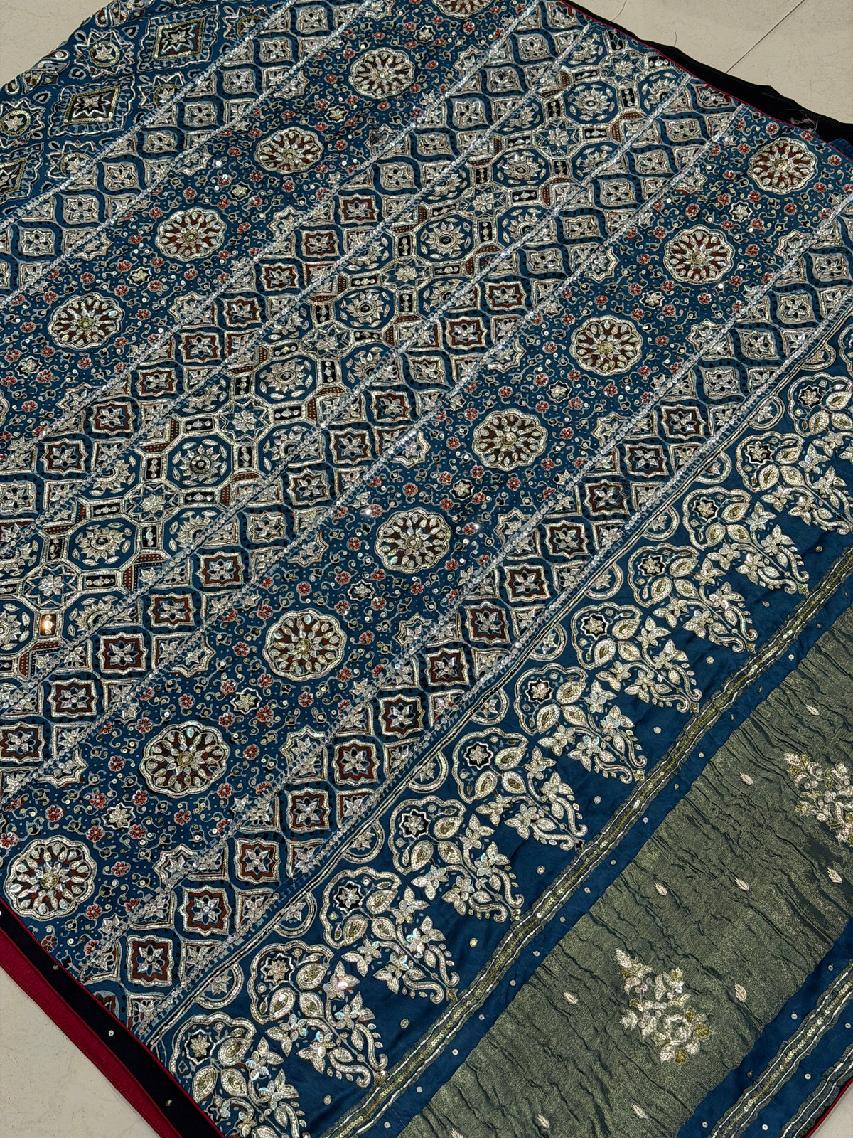 Blue Floral Jaal Pita Zardosi Sequin Ajrakh Hand Embroidery Saree