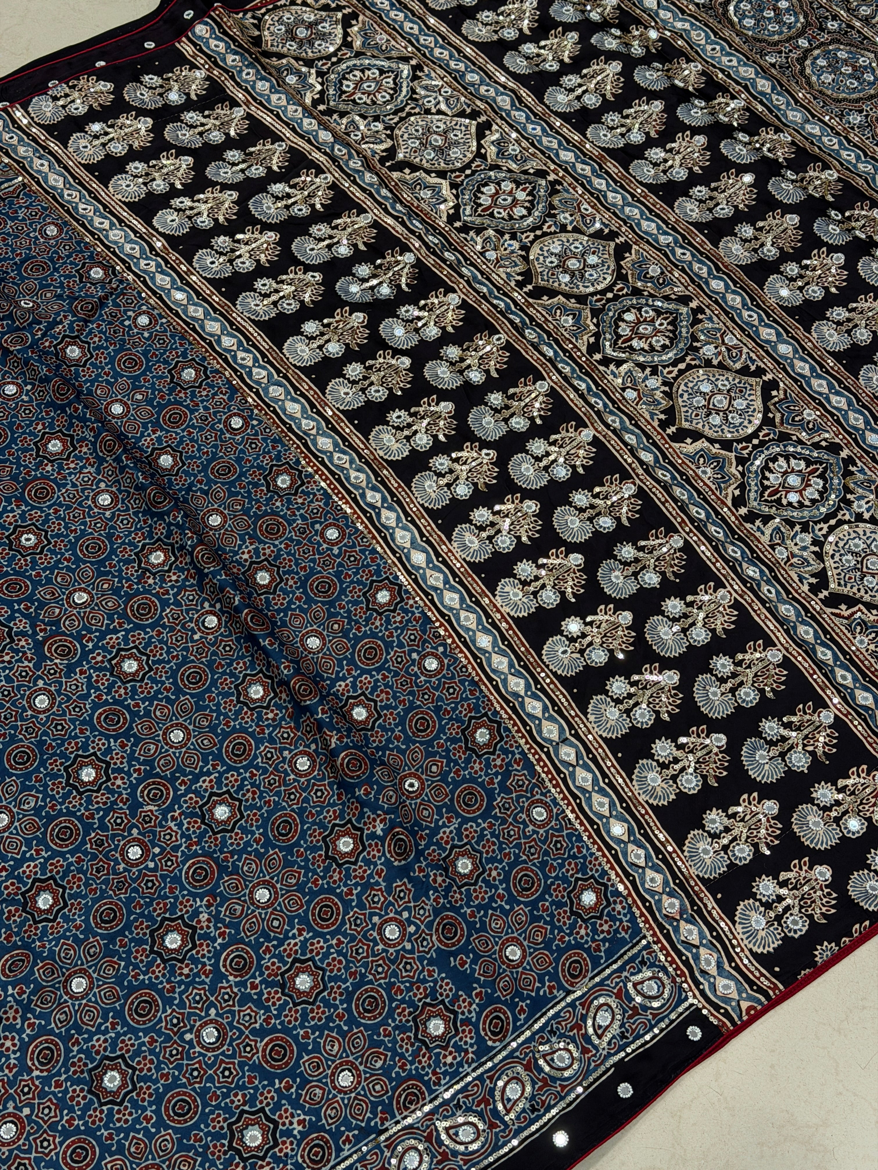 Blue Ajrakh Jaal Moti Sequin Ajrakh Hand Embroidery Saree