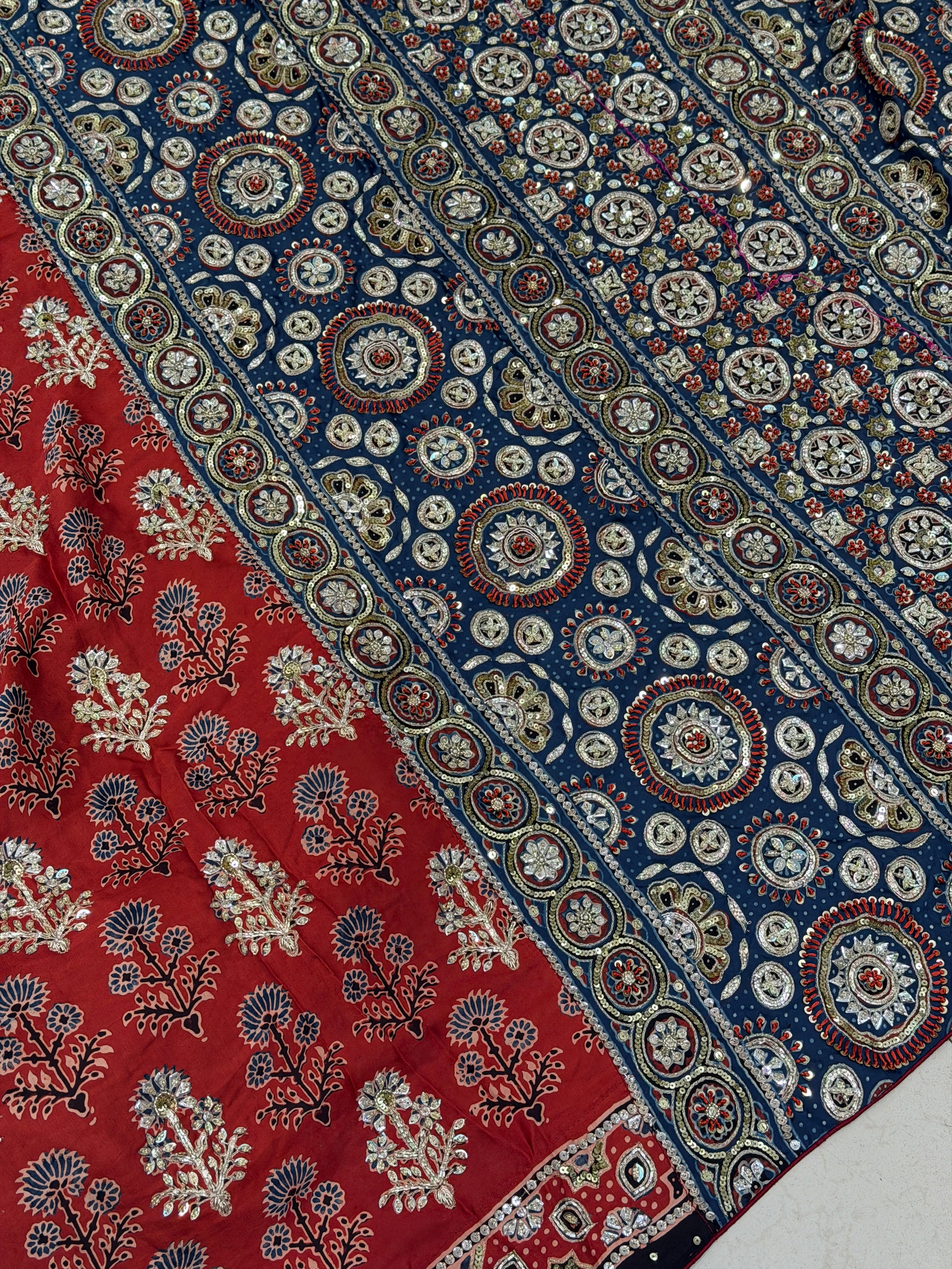 Red Blue Butta Pita Zardosi Sequin Ajrakh Hand Embroidery Saree
