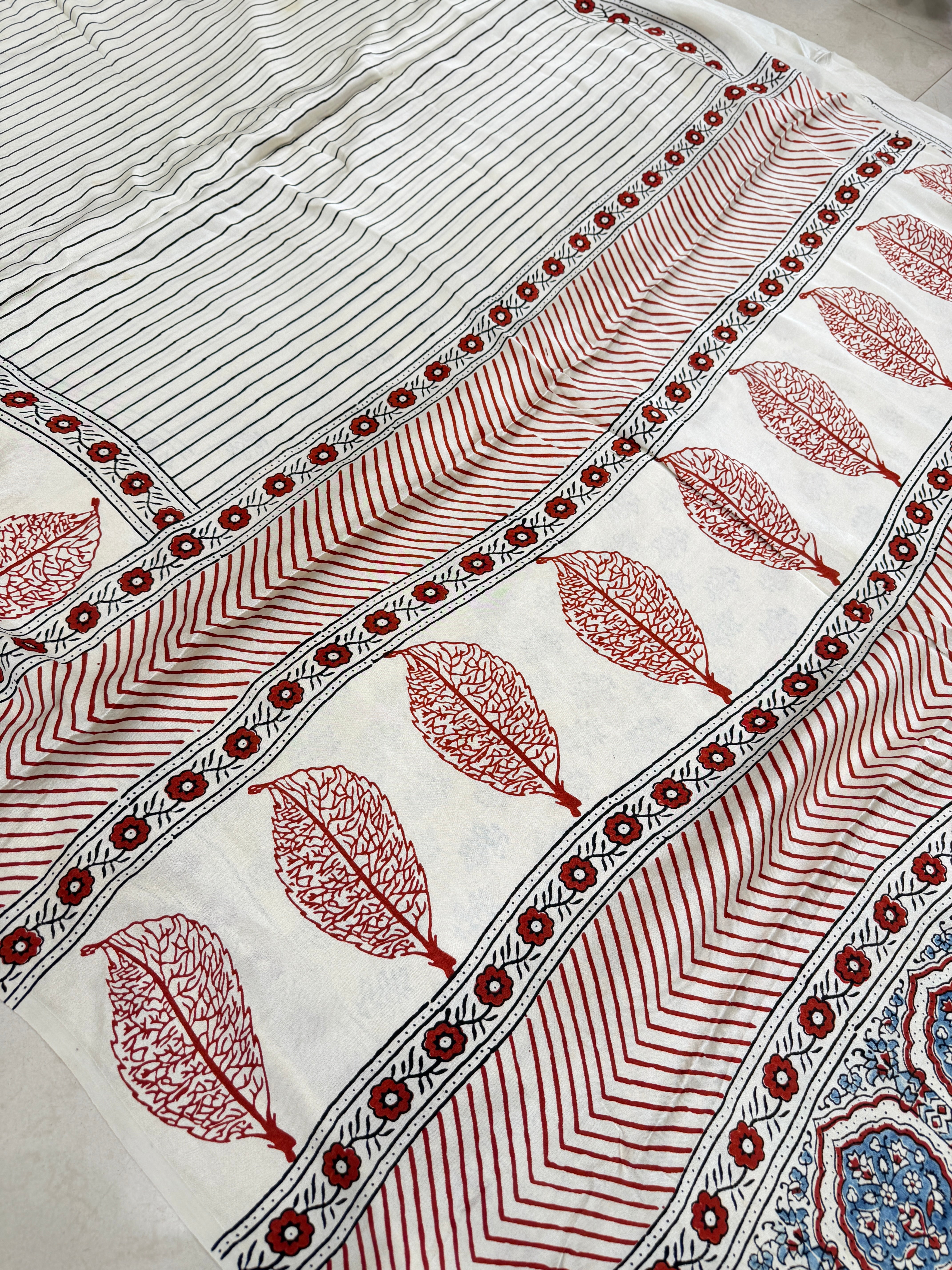 White Red Contemporary Ajrakh Hand Block Print Pure Gajji Silk Saree