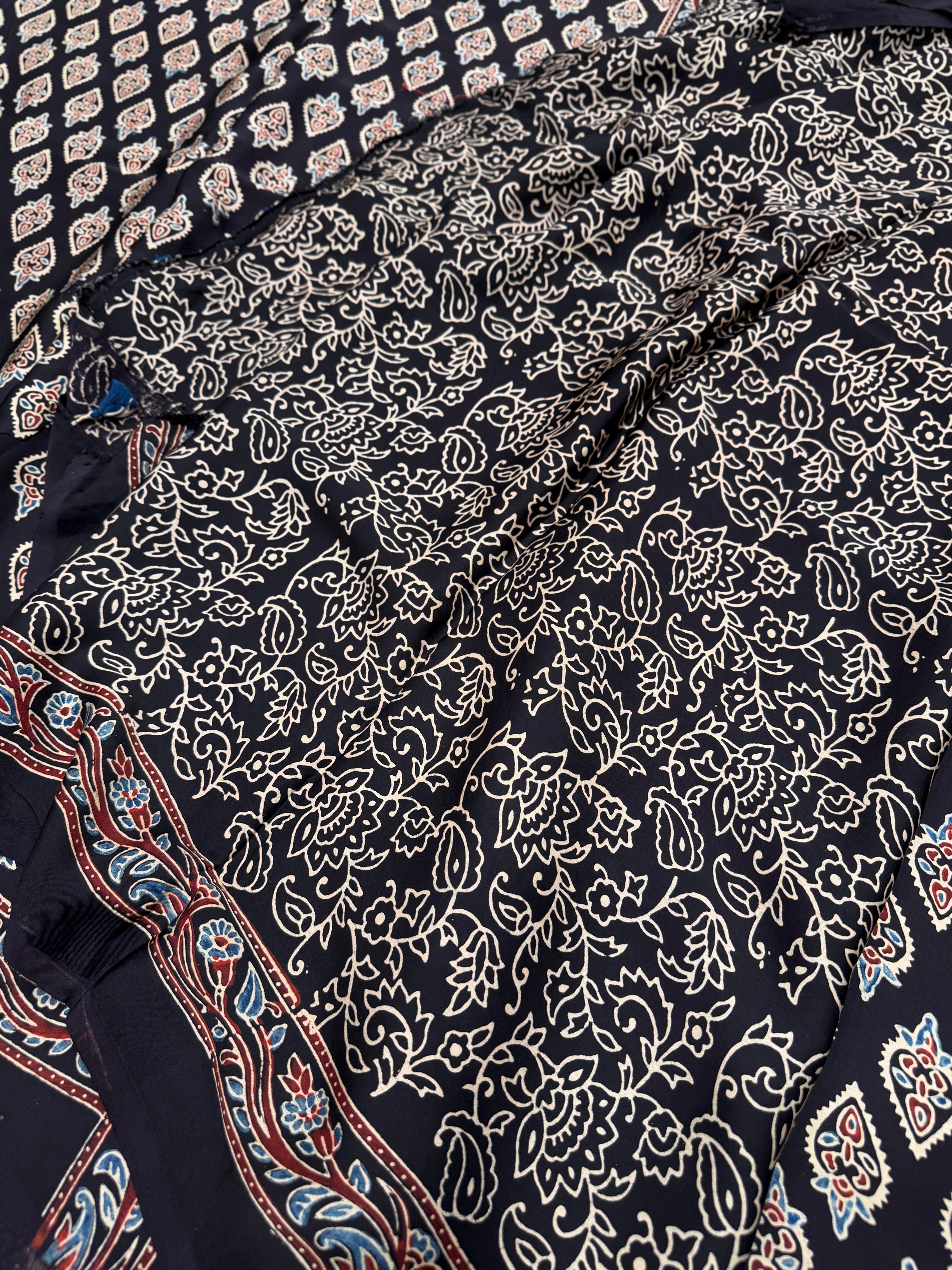 Black Keri Buttas Ajrakh Block Print Hand Pure Gajji Silk Saree