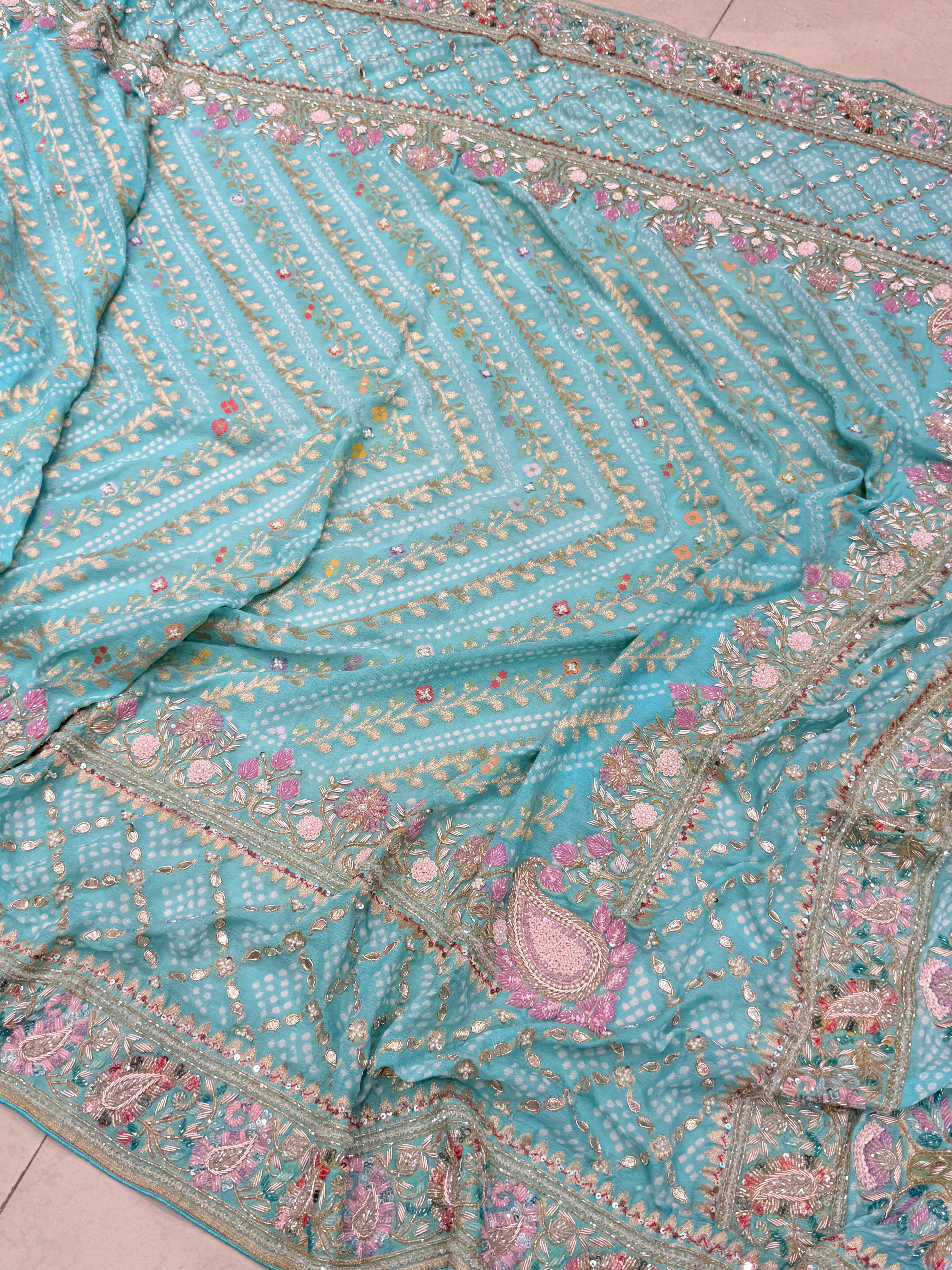 Pastel Bandhej Meenakari Hand Embroidery Saree