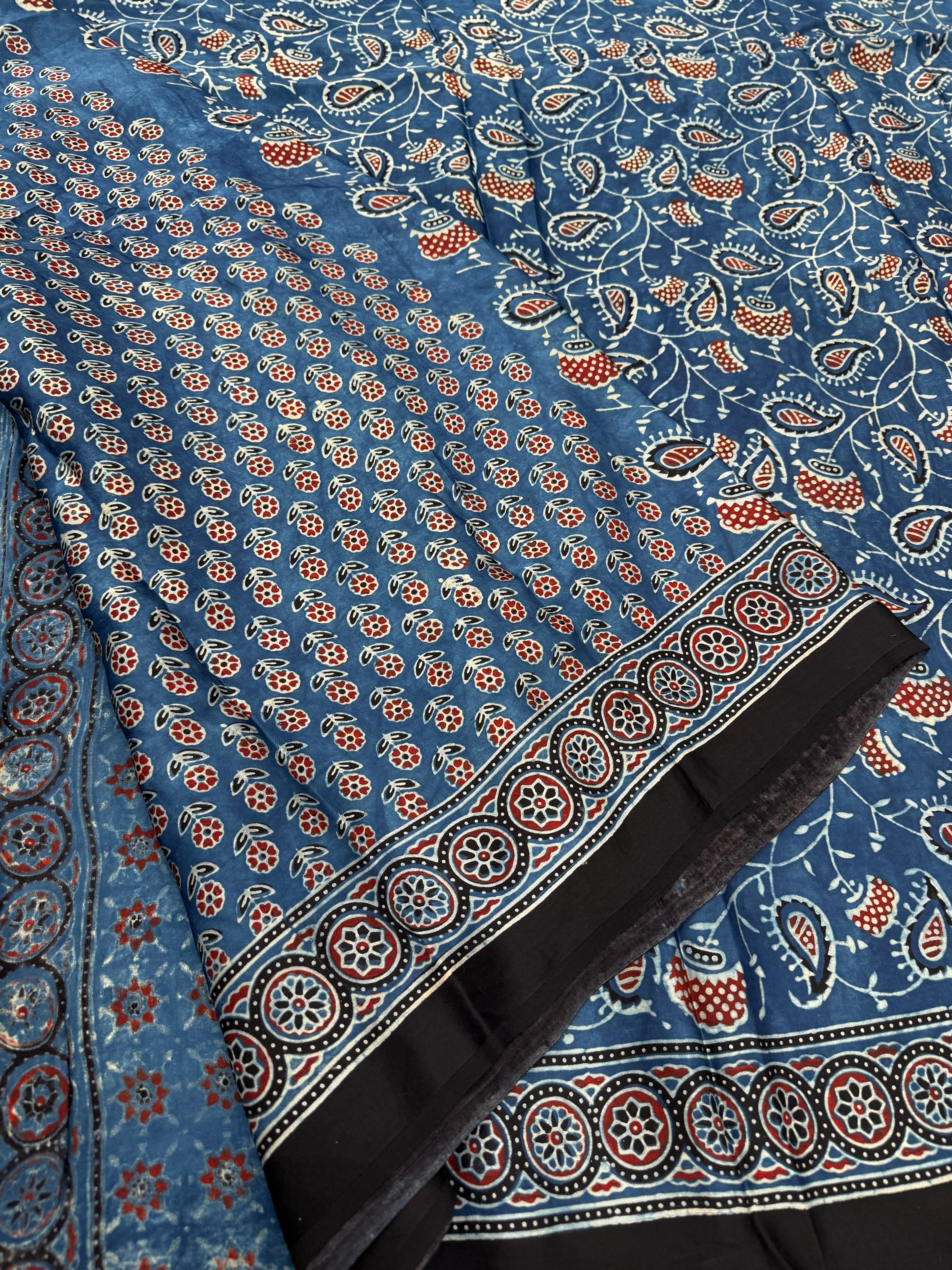 Blue Keri Jaal Ajrakh Hand Block Print Pure Modal Silk Saree