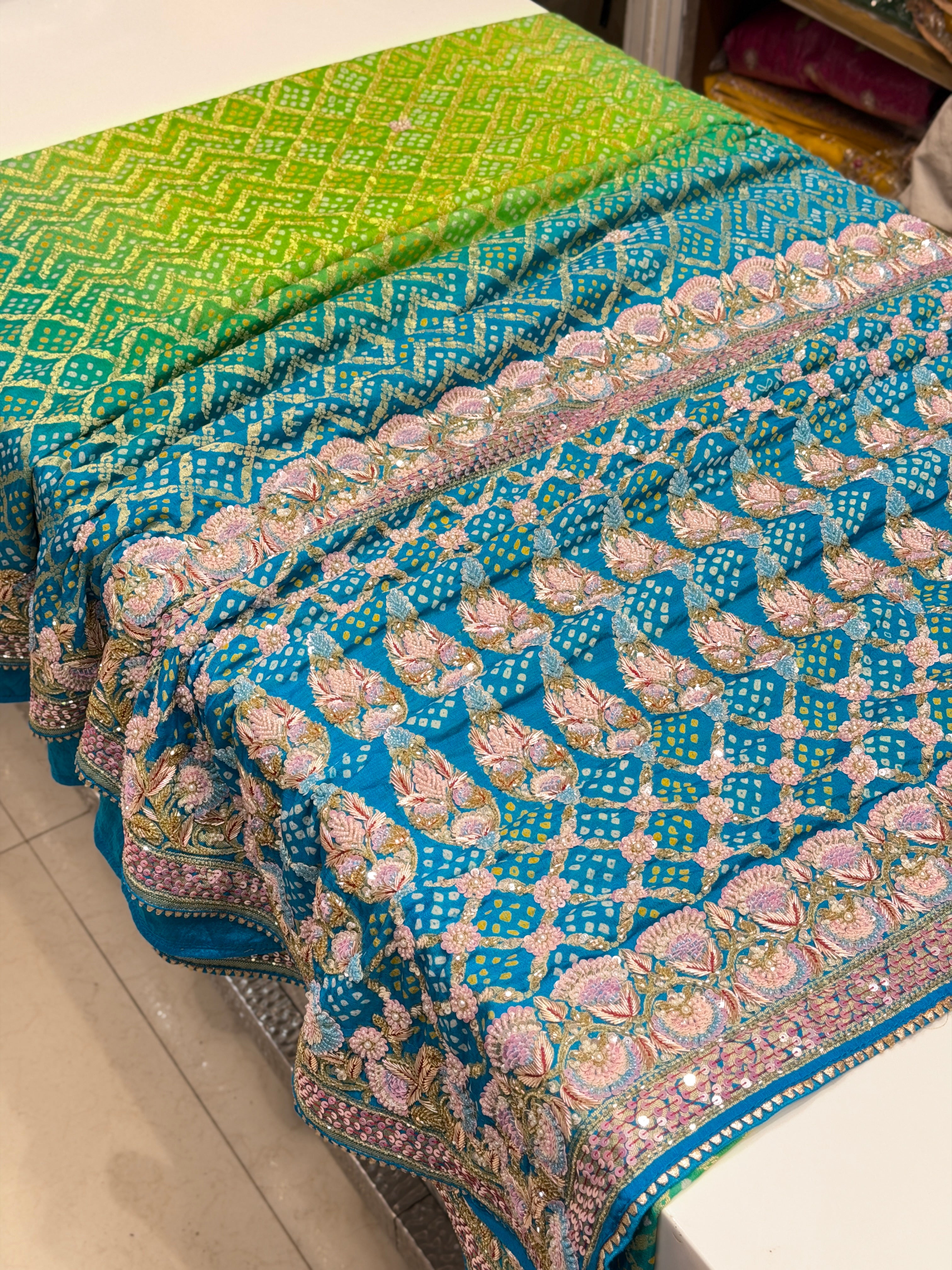 Jhanvi Kapoor Inspired Shaded Green Hand Embroidery Bandhej Saree