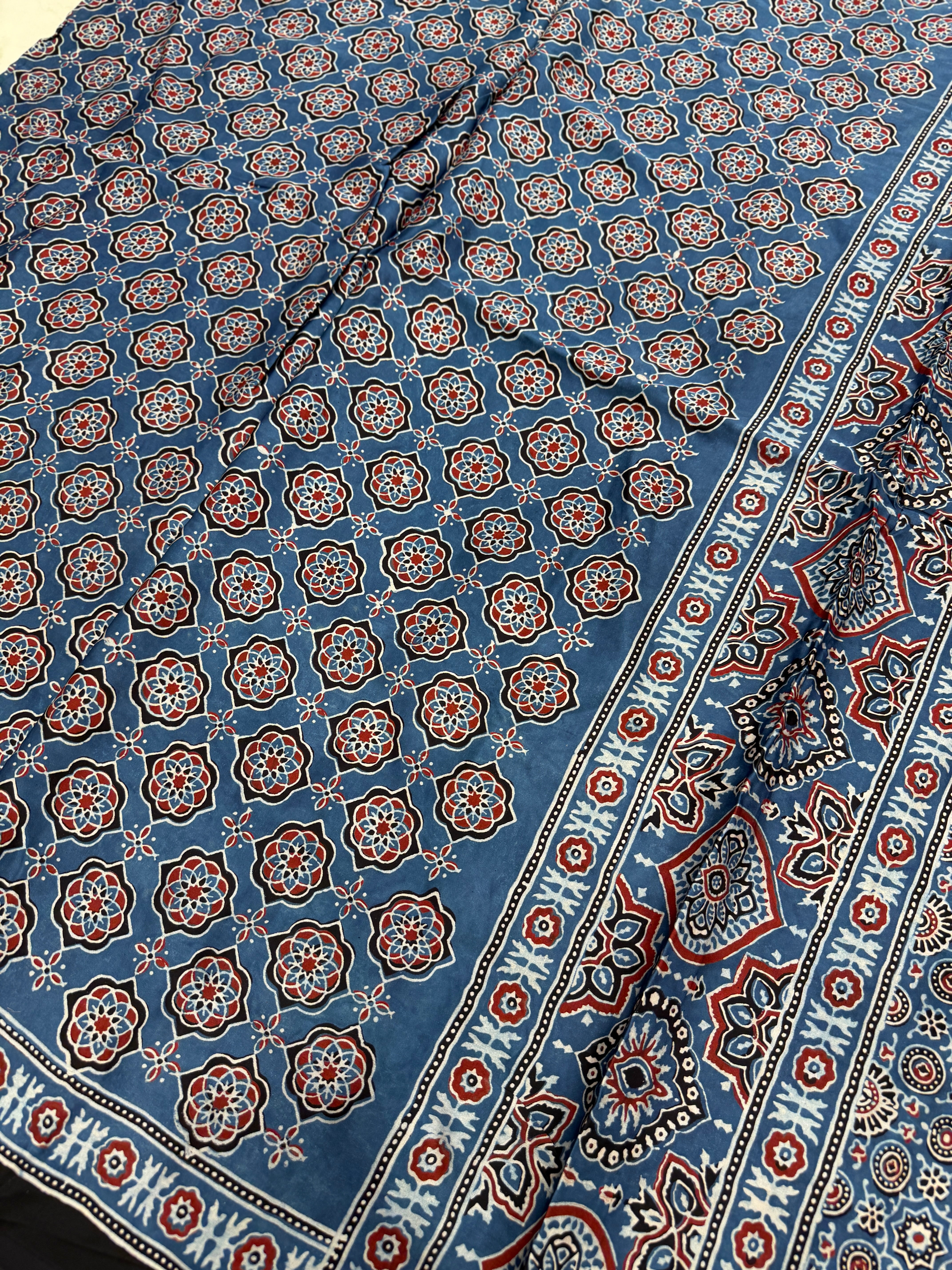 Blue Jaal Ajrakh Hand Block Print Pure Gajji Silk Saree