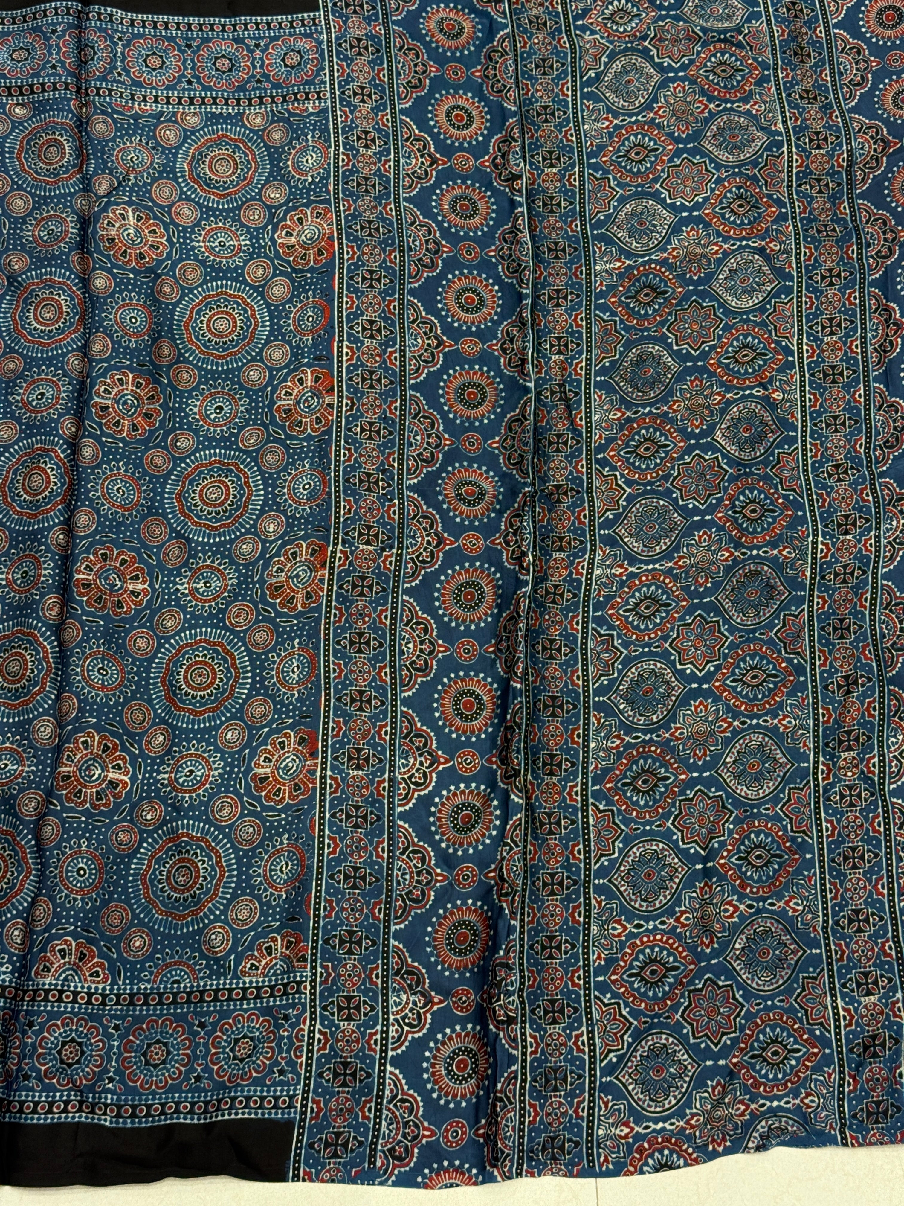 Blue Badam Circle Jaal Ajrakh Block Print Hand Pure Gajji Silk Saree