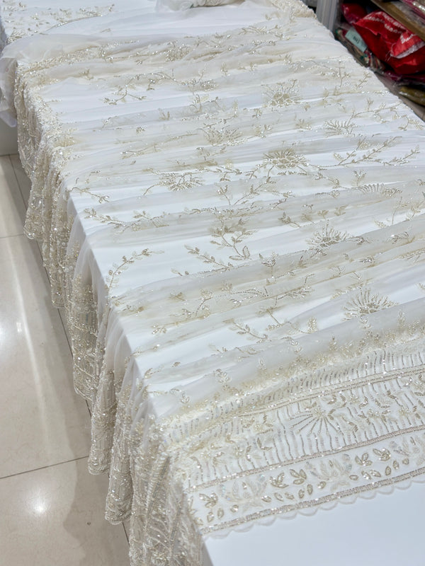 White Georgette Hand Embroidery Saree