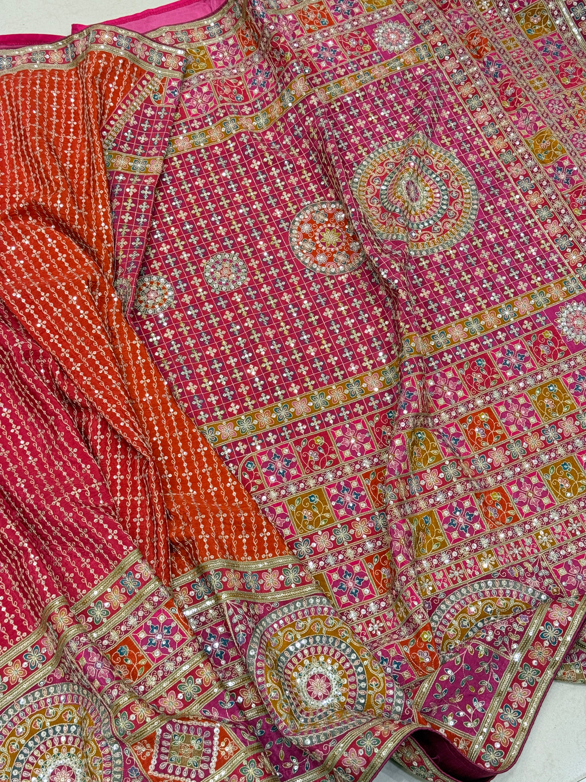 Rani Shaded Meenakari Crepe Banarasi Pita Embroidery Saree