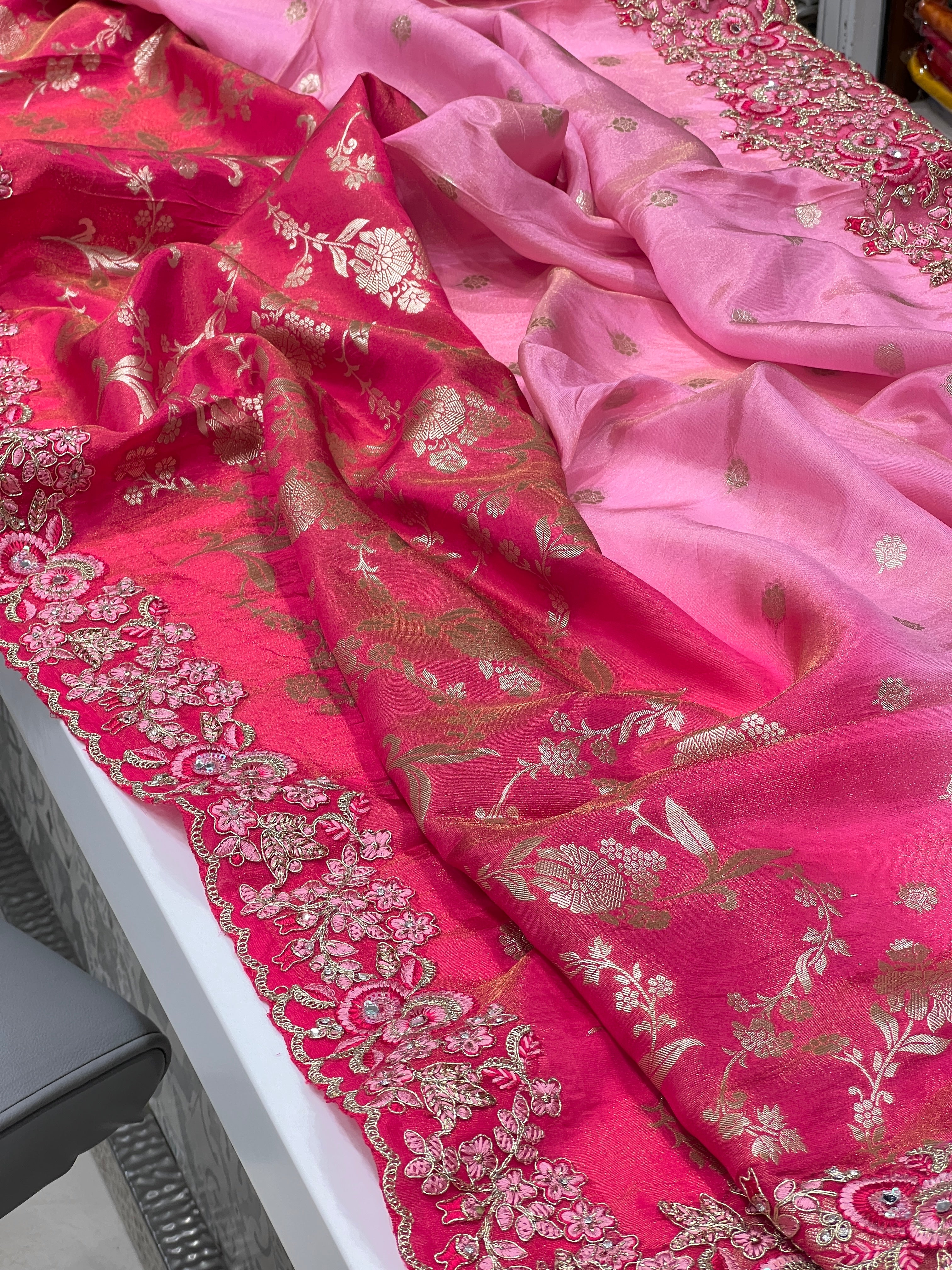 Rani Shaded Crepe Tissue Embroidery Saree