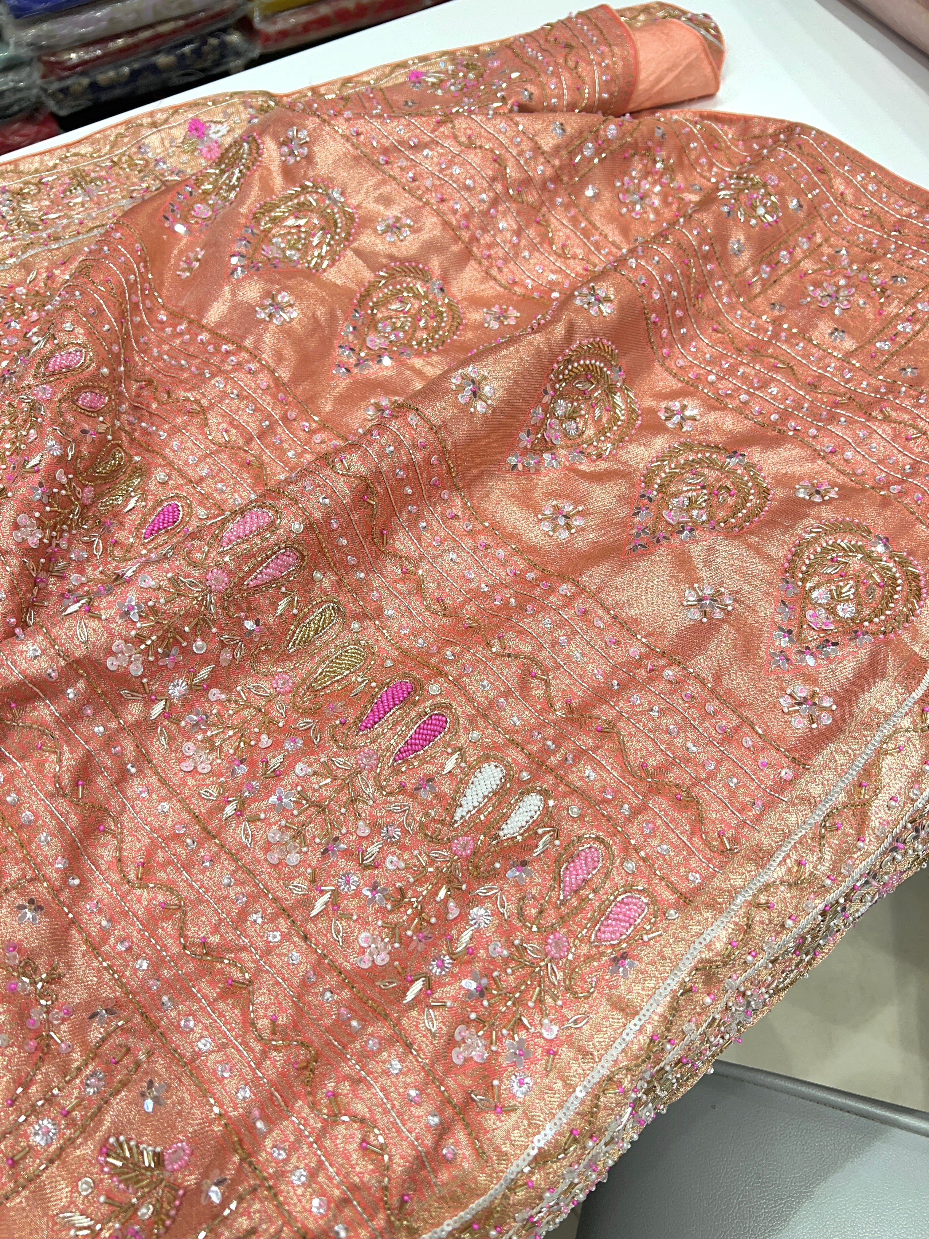 Peach Pink Kanjivaram Fancy Embroidery Saree