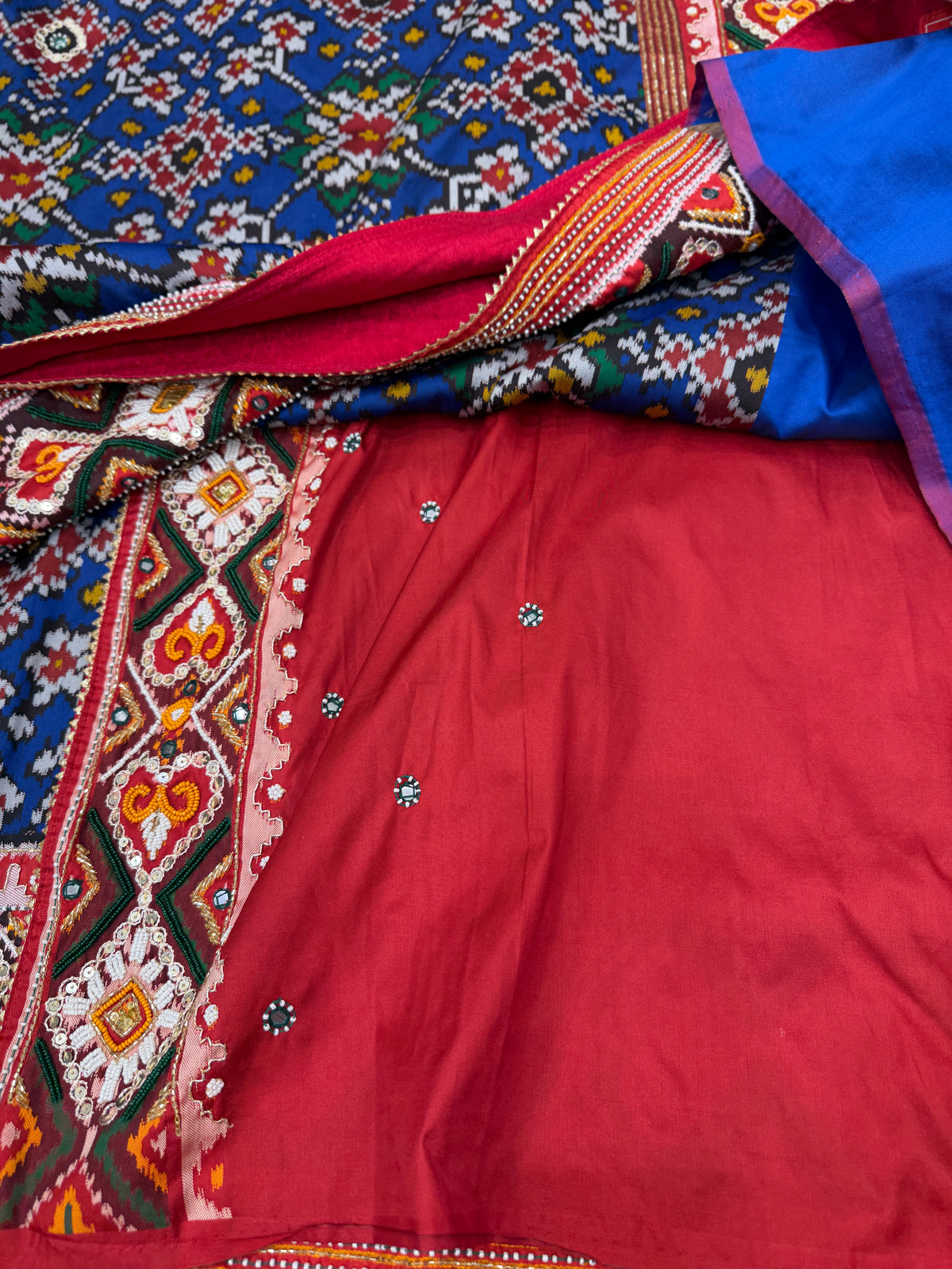 Blue Red Semi Silk Patola Kidiya Moti Hand Embroidery Saree