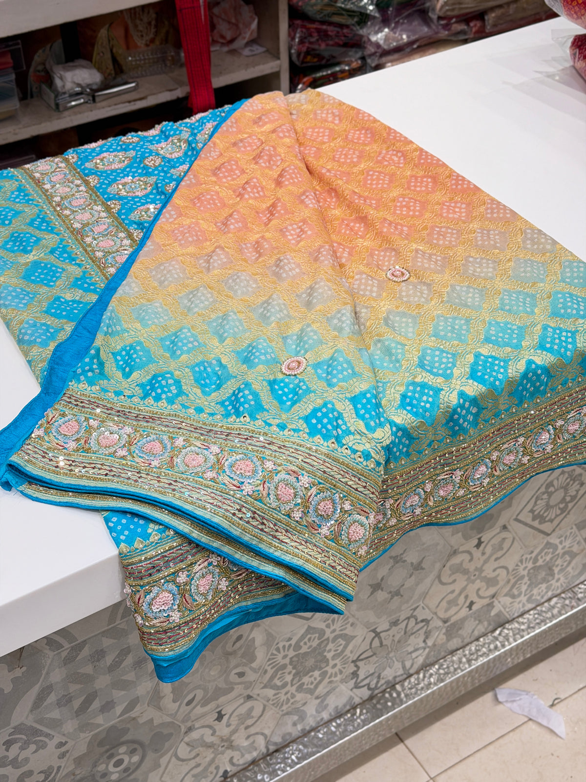 Pastel Shaded Bandhej Hand Embroidery Moti Zardosi Saree