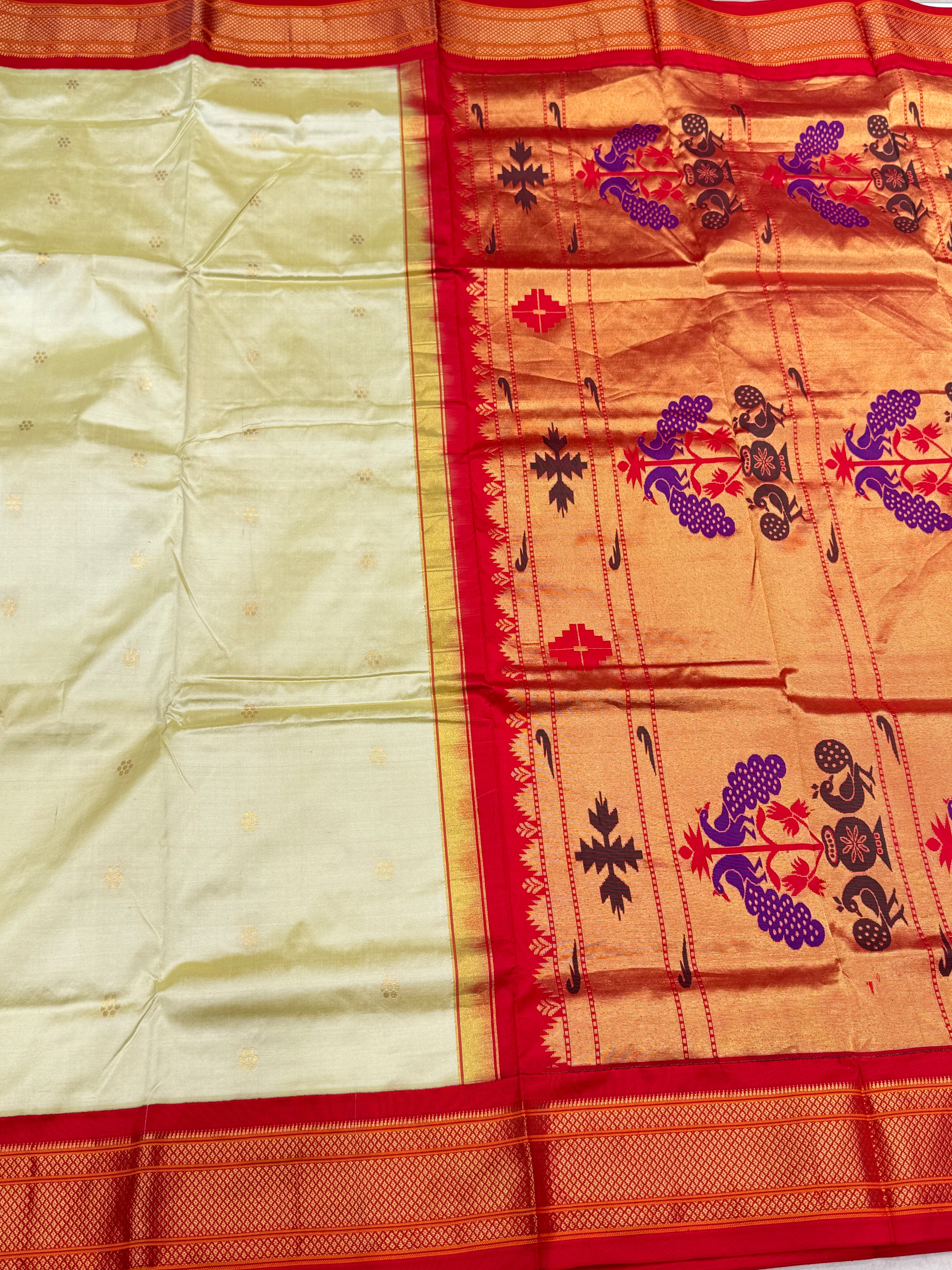 Beige Red Pure Silk Paithani Saree