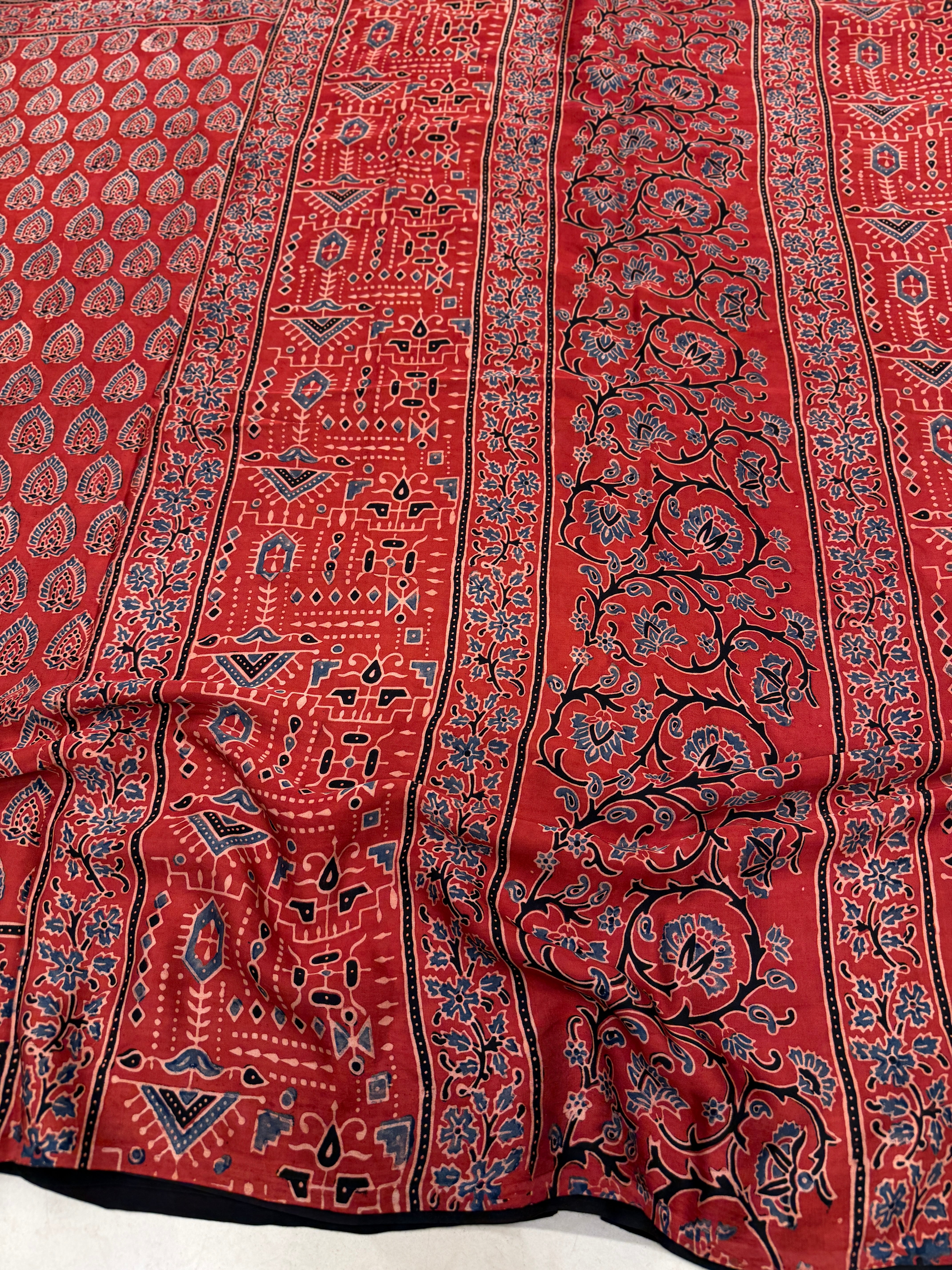 Red Sword Butti Ajrakh Hand Block Print Pure Modal Silk Saree