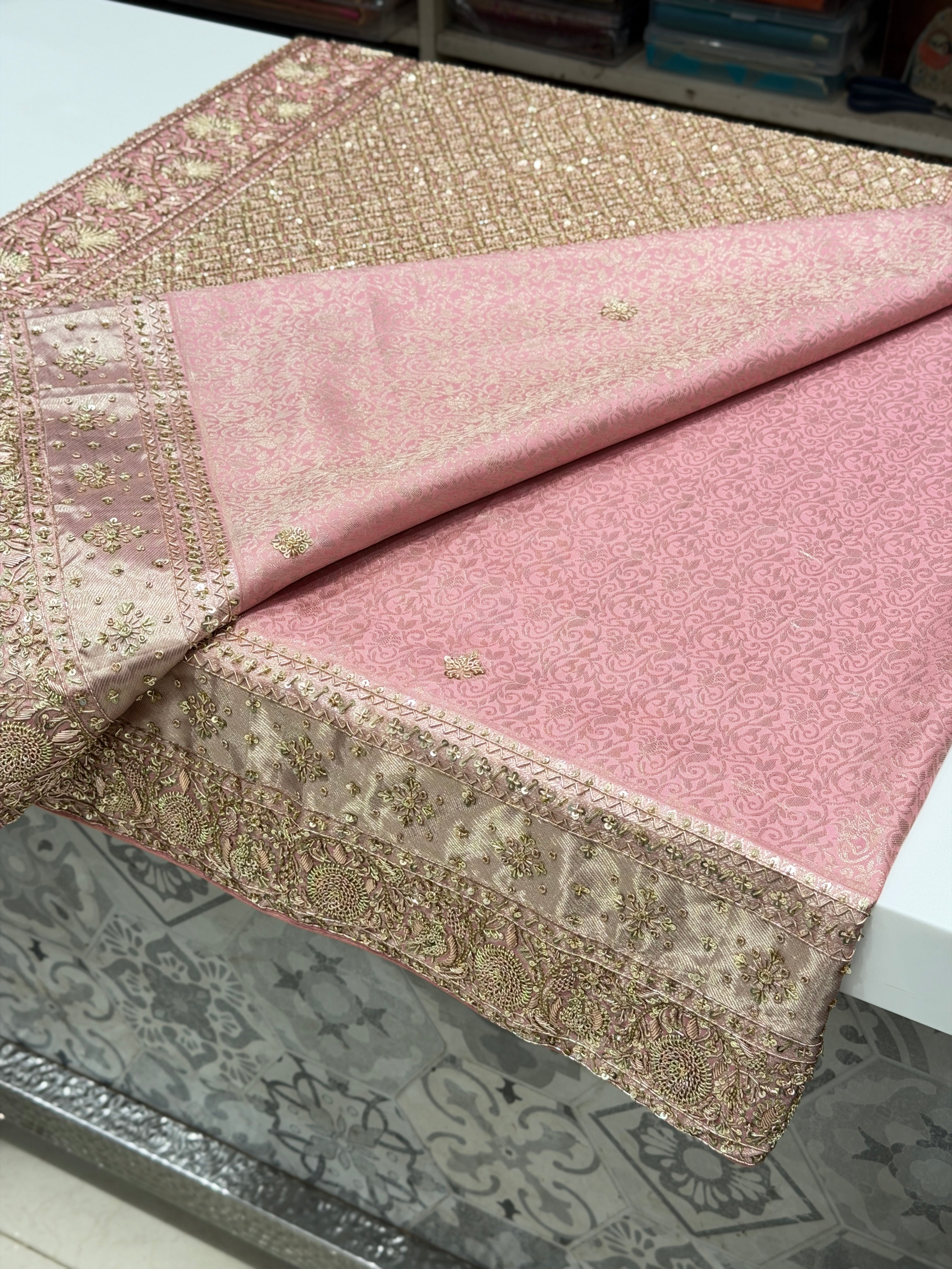 Pink Contrast Blouse Kanjivaram Zardosi Hand Embroidery Saree