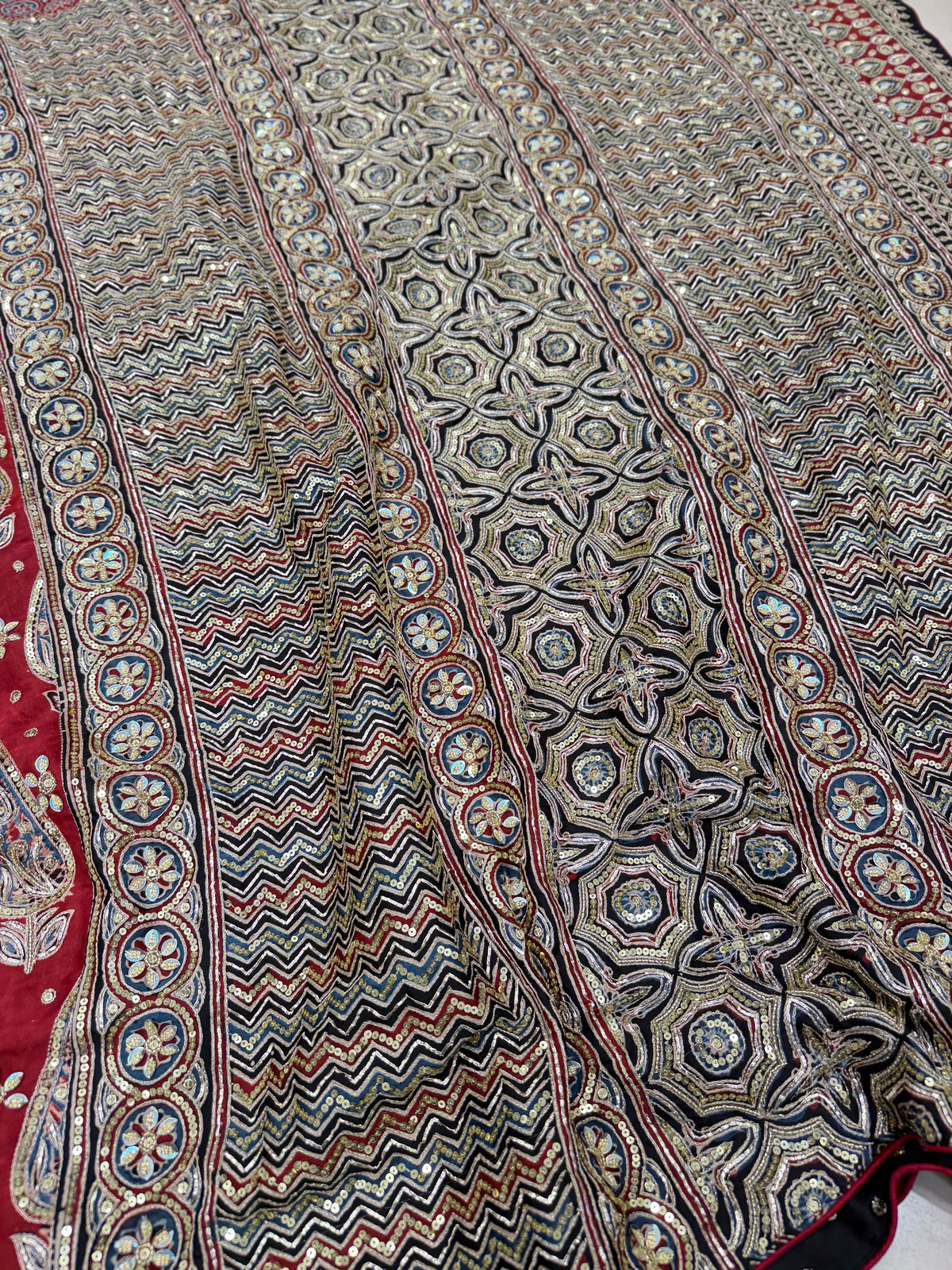 Red Buttas Pita Zardosi Sequin Ajrakh Hand Embroidery Saree